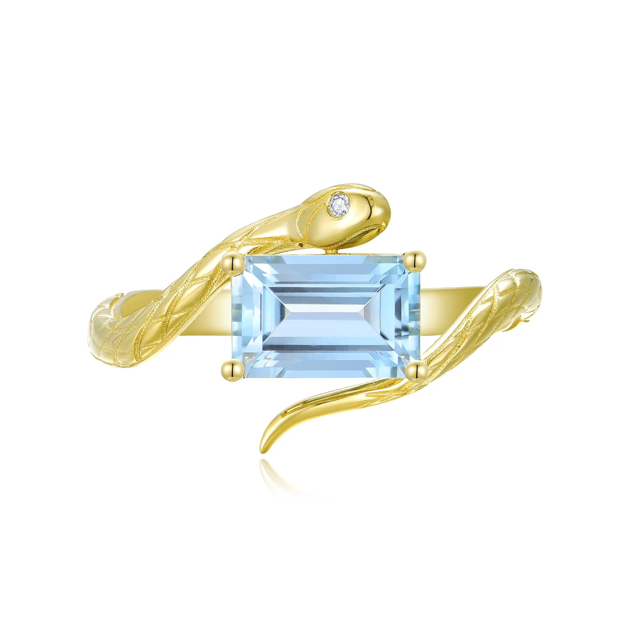 Snake Protection Natural Emerald-Cut Aquamarine & Diamond East-West Ring 14k yellow gold