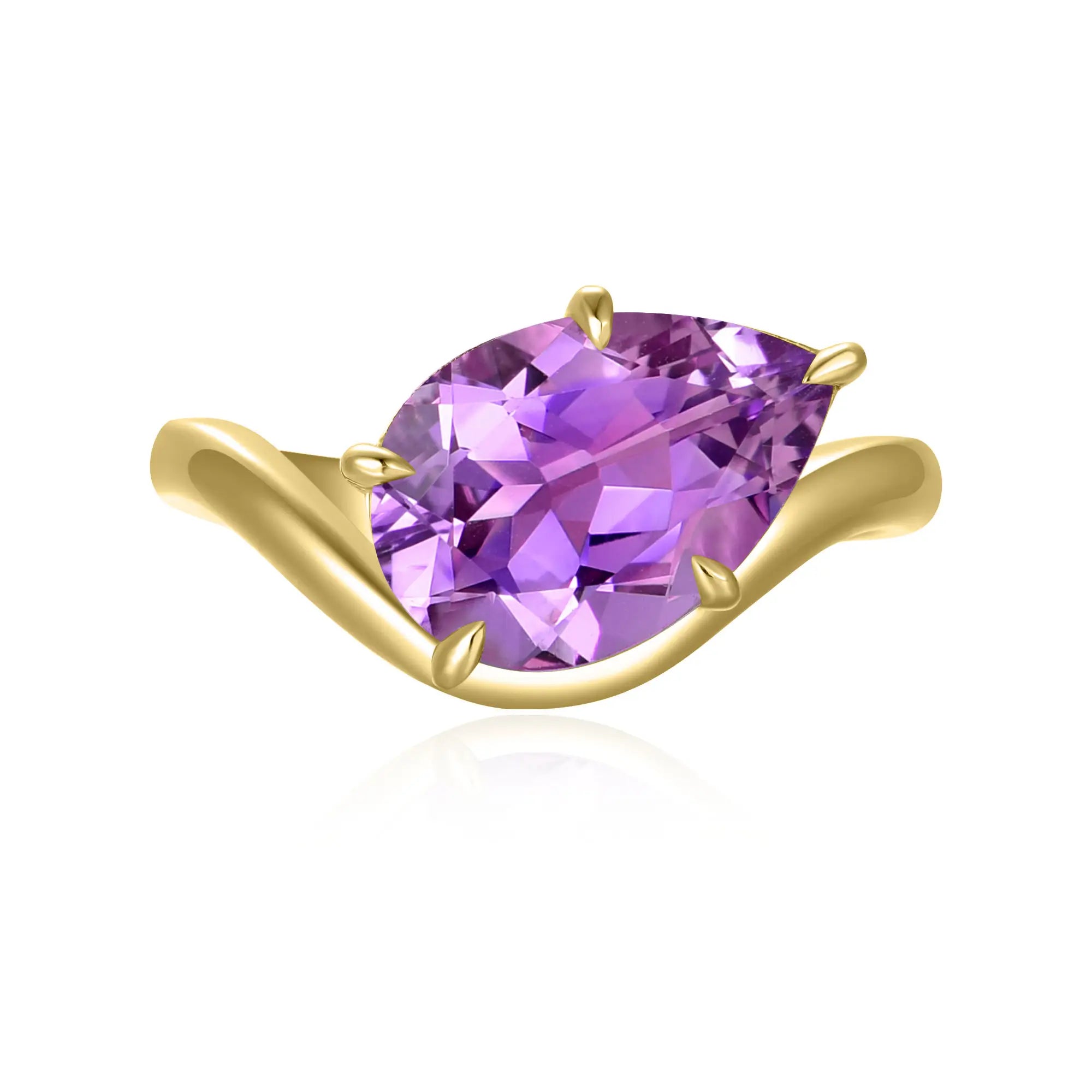 Ocean Wave natural Amethyst East-West Ring 14k yellow gold