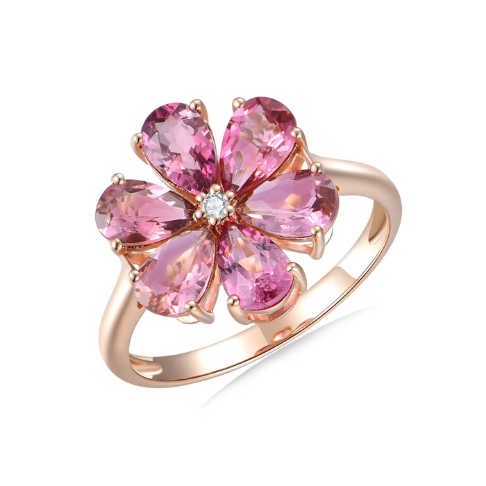 Flora Blossom Natural Pink Tourmaline Diamond Ring 14k rose Gold