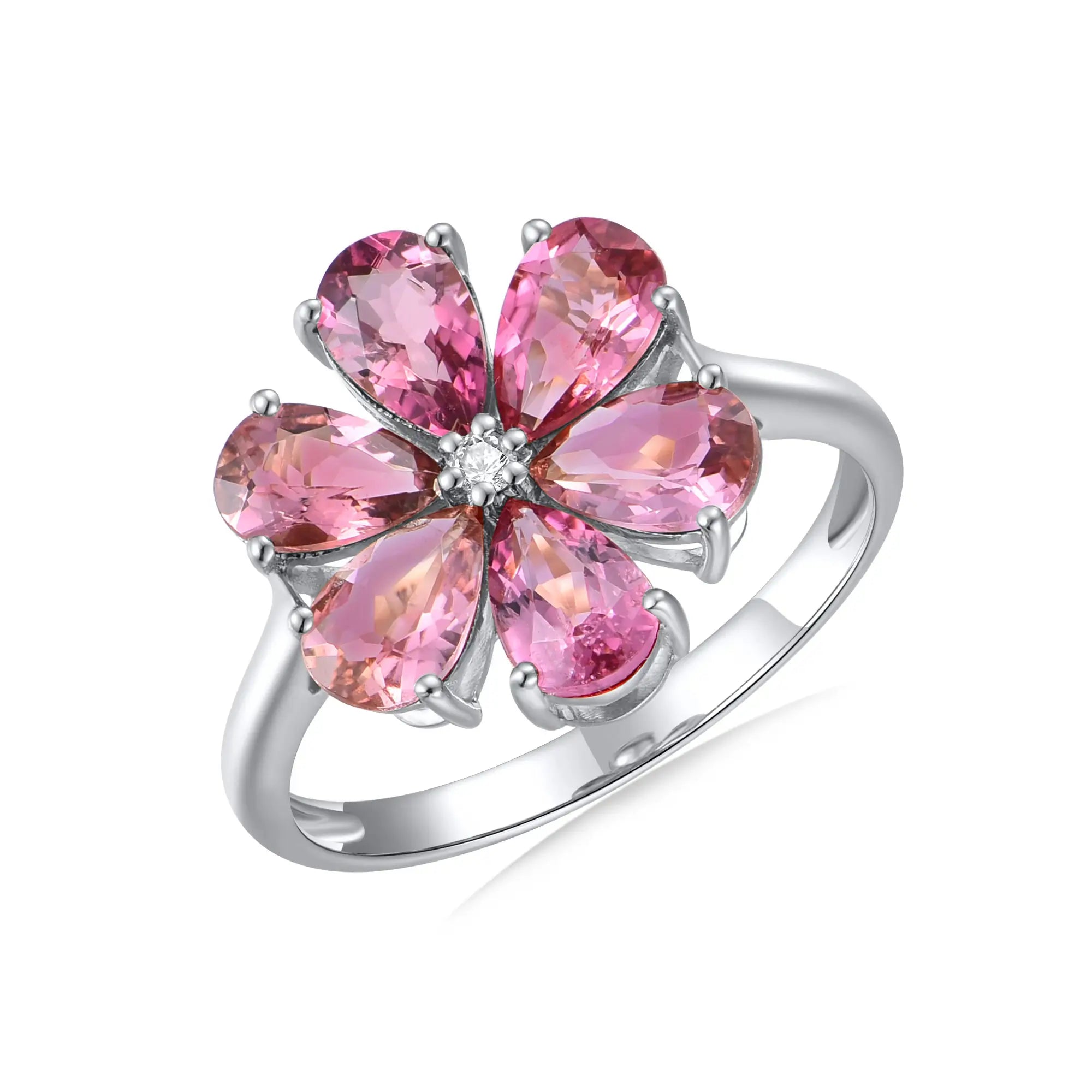 Flora Blossom Natural Pink Tourmaline Diamond Ring 14k Yellow Gold