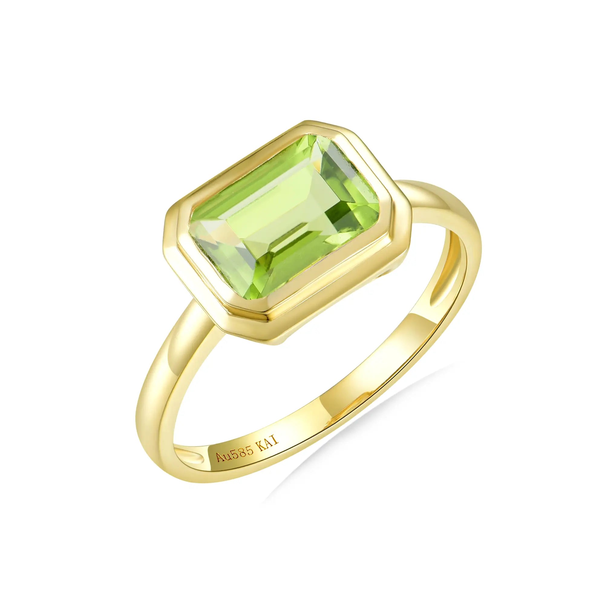 Bella East-West Emerald-Cut Natural Peridot Ring 14k yellow gold