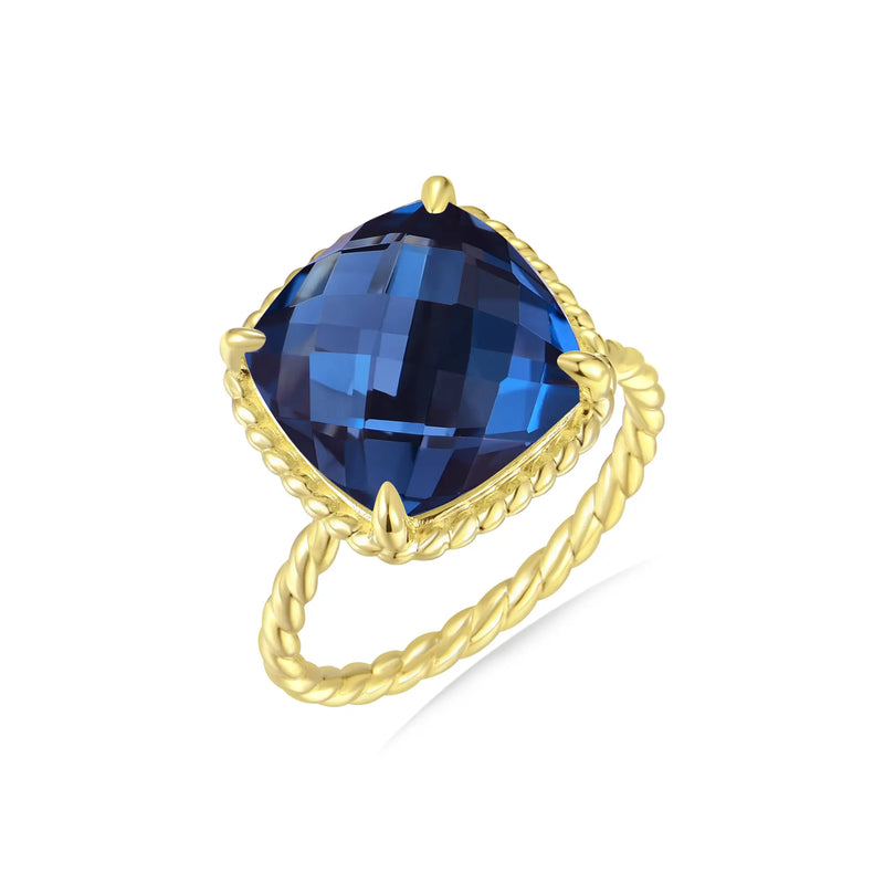 Reflection Natural 9ctw Cushion London Blue Topaz Ring 14k solid yellow gold