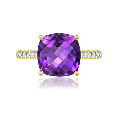 Radiant Cushion Natural Amethyst Diamond Ring in 14k yellow gold