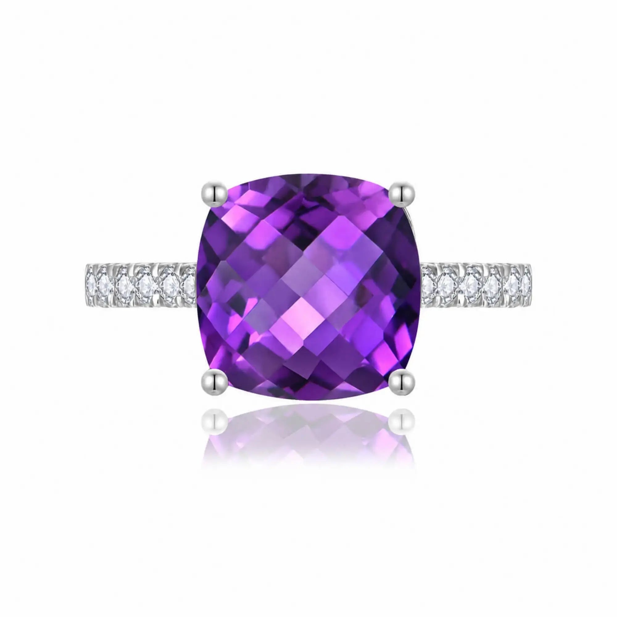 Radiant Cushion Natural Amethyst Diamond Ring in 14k white gold