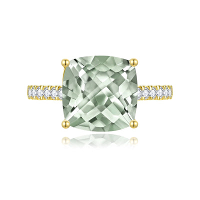 Radiant Cushion Natural Prasiolite Green Amethyst Diamond Ring in 14k yellow gold