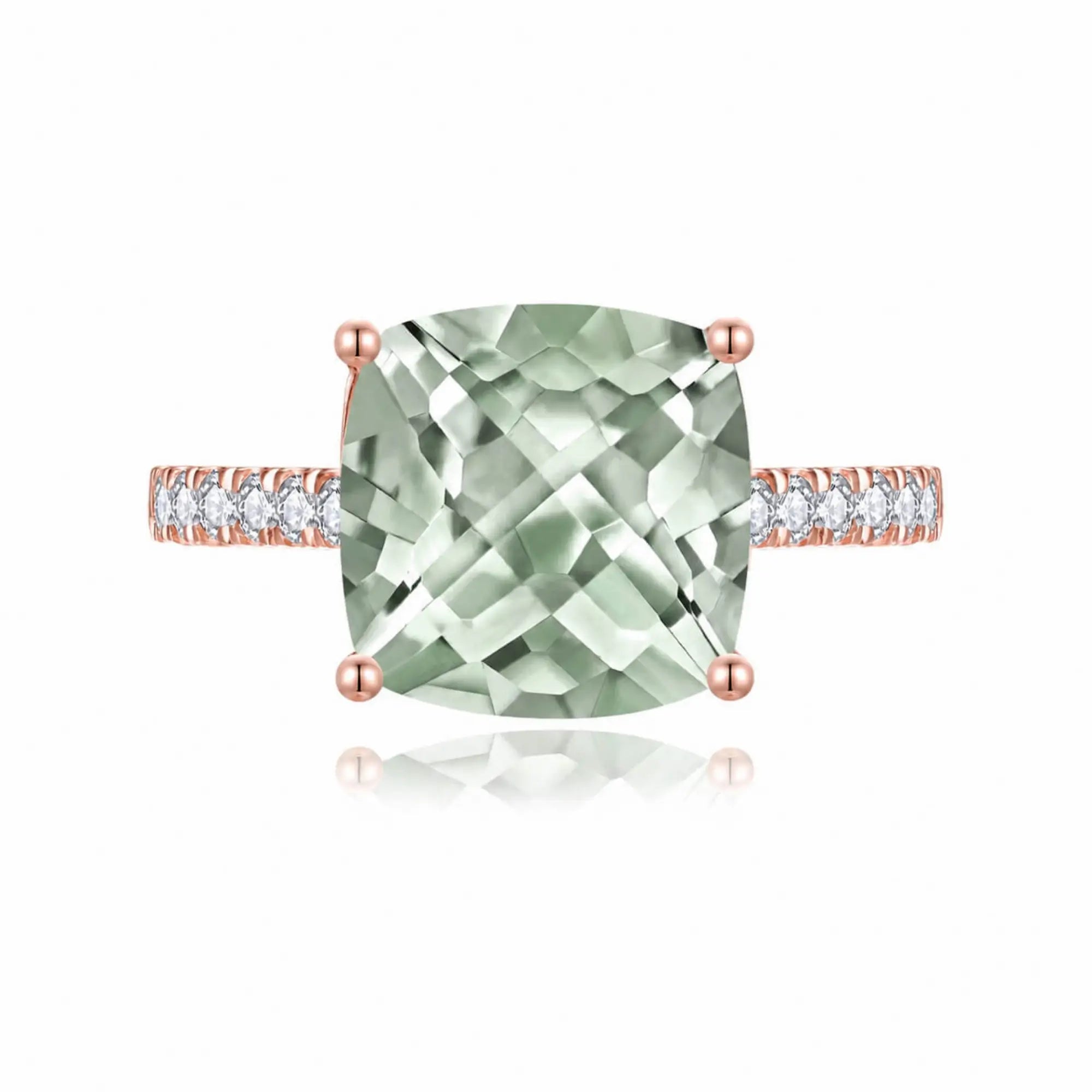 Radiant Cushion Natural Prasiolite Green Amethyst Diamond Ring in 14k rose gold