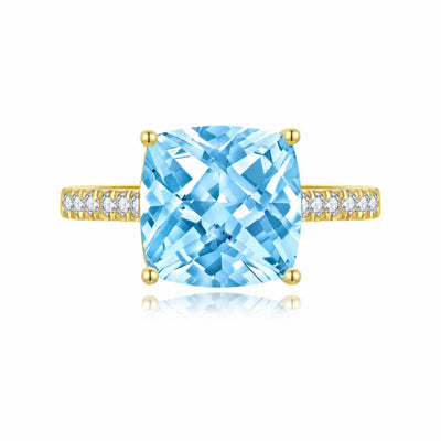 Radiant Cushion Natural Sky blue Topaz Diamond Ring in 14k yellow gold