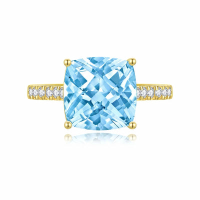 Radiant Cushion Natural Sky blue Topaz Diamond Ring in 14k yellow gold