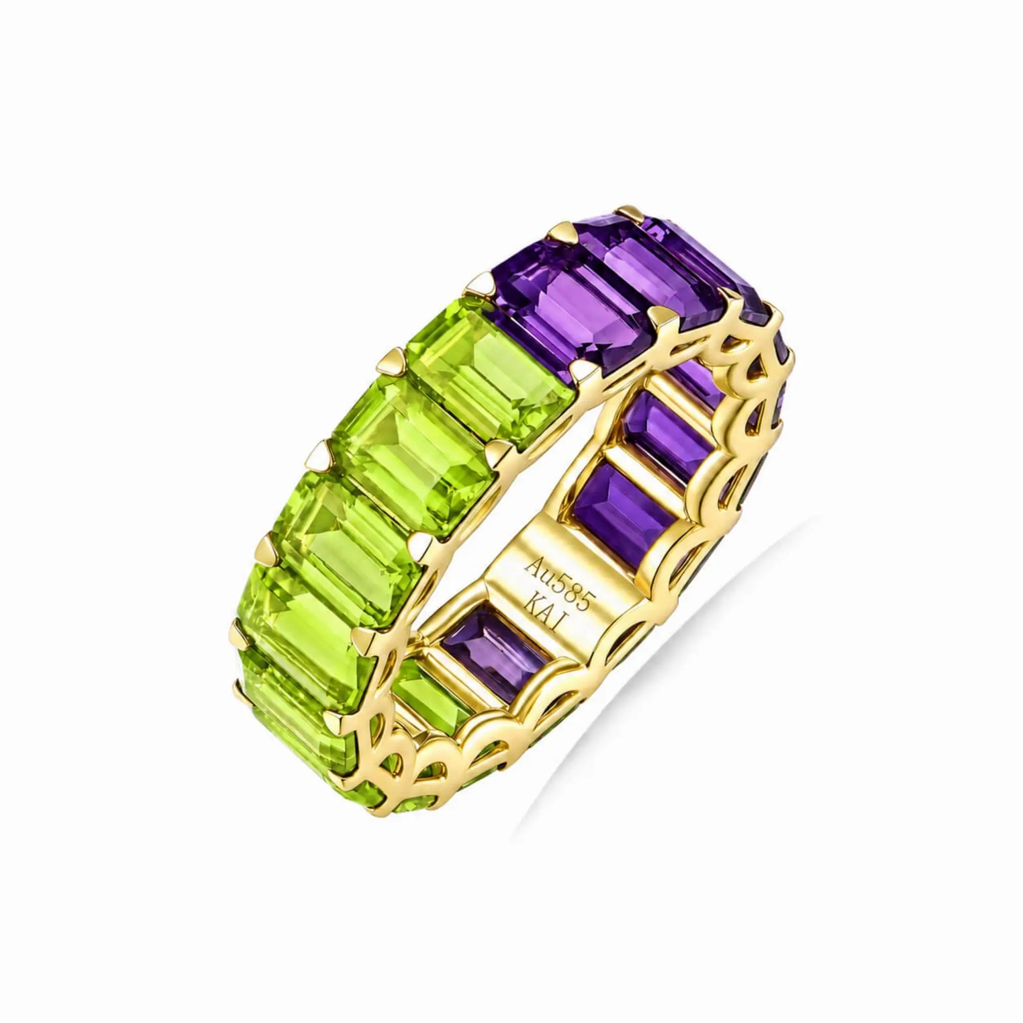Kai fine jewelry Nora 9.25 ctw Emerald-Cut Natural Amethyst & Peridot Duo Eternity Ring in 14k yellow gold