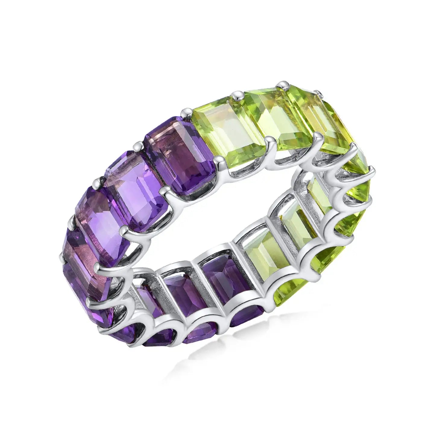 Nora Emerald-Cut Natural Amethyst & Peridot Duo Eternity Ring 14k white gold 