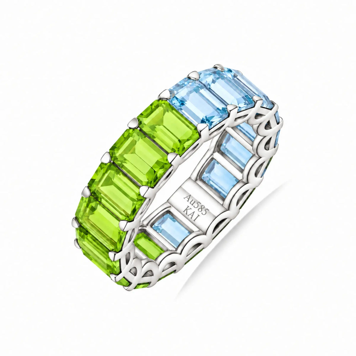 14k yellow gold Nora 9.25 ctw Emerald-Cut Aqumarine & Peridot Duo Eternity Ring