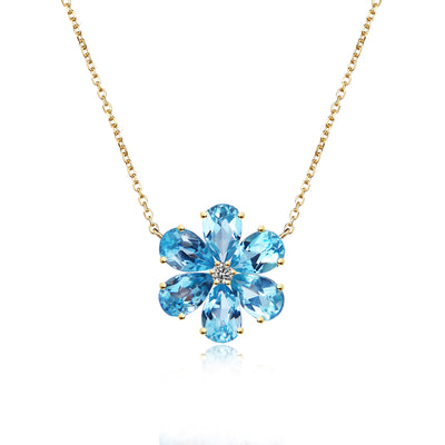 Flora Blossom Natural Blue Topaz Diamond Necklace 14k Yellow Gold