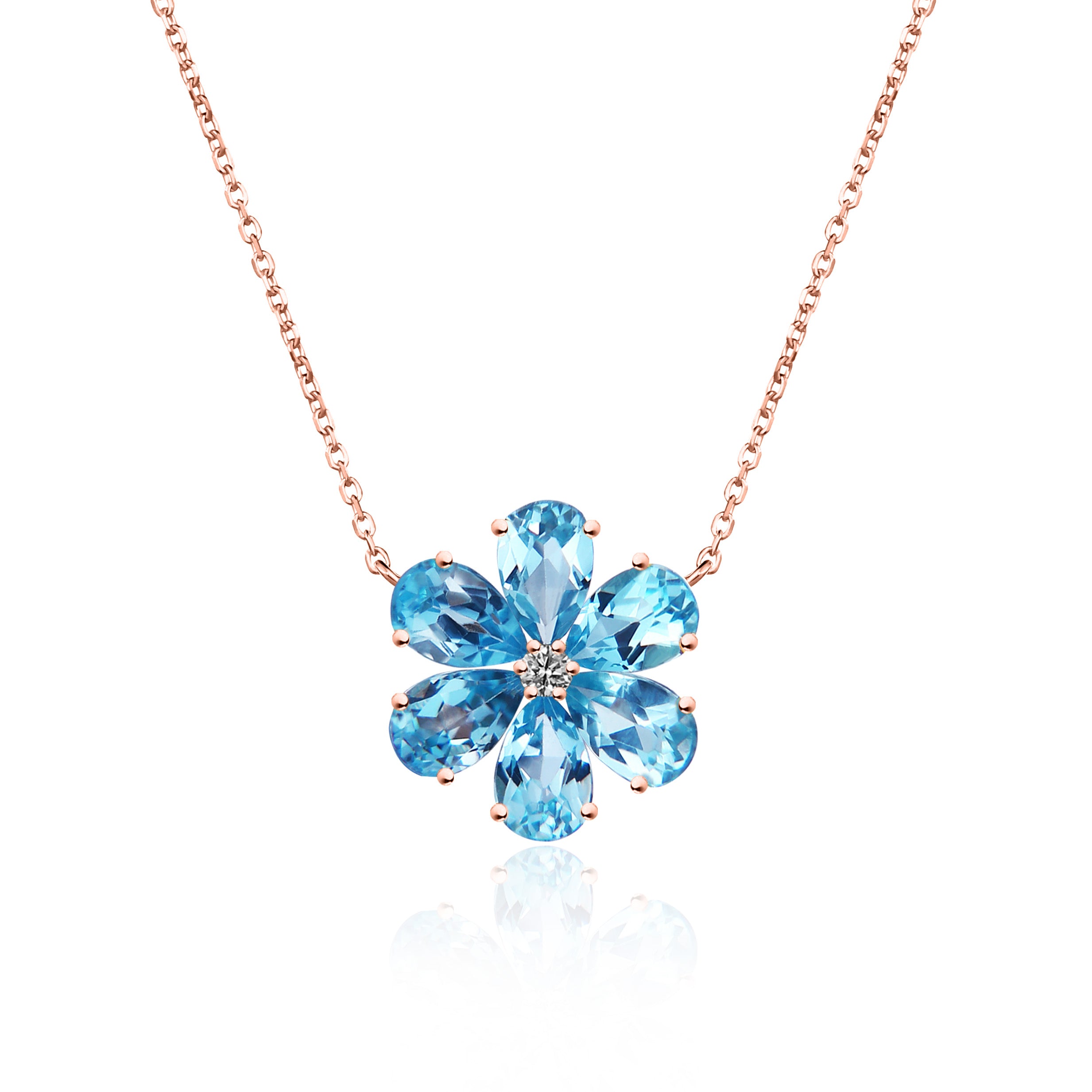 Flora Blossom Natural Blue Topaz Diamond Necklace 14k rose Gold