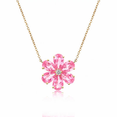 14k yellow gold Flora Blossom 2.82 ctw Lab Grown Pink Sapphire Diamond Necklace