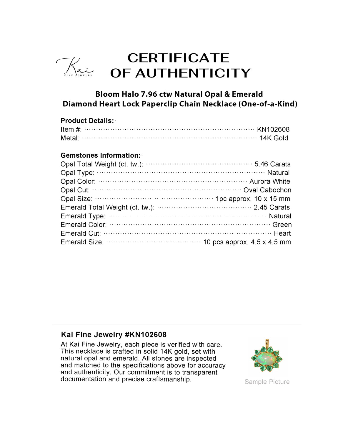 certificate of 14k yellow gold Bloom Halo 7.96 ctw Natural Opal & Emerald Diamond Heart Lock Paperclip Chain Necklace (One-of-a-Kind)