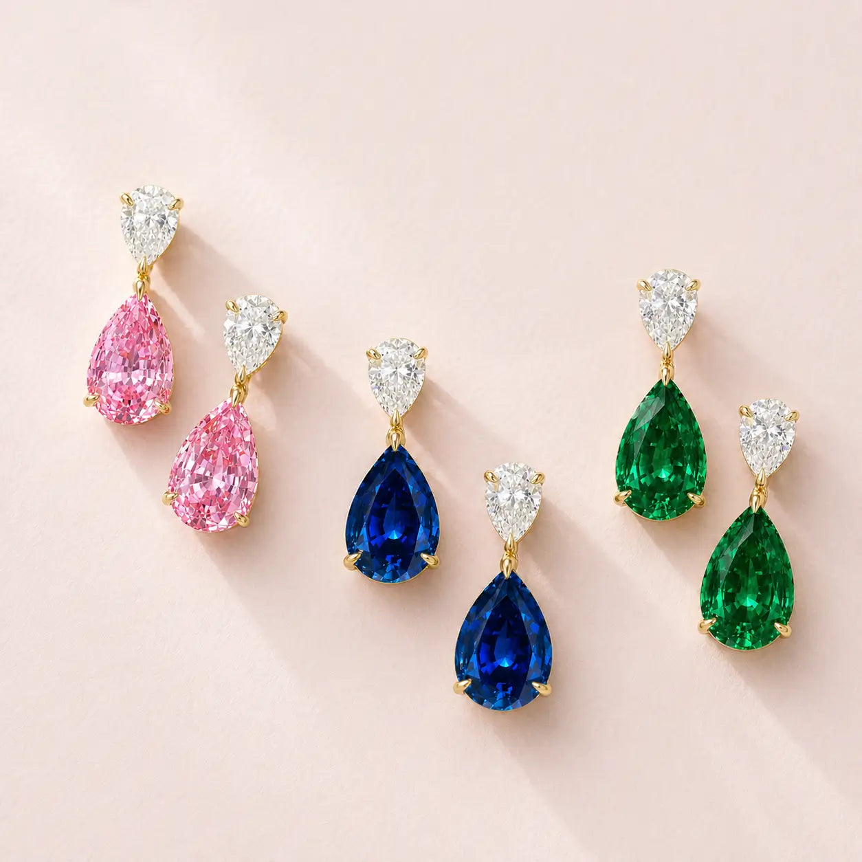 Duet Pear 8.00ctw Lab Grown Diamond & colorful gemstones Drop Earrings in 14k solid gold