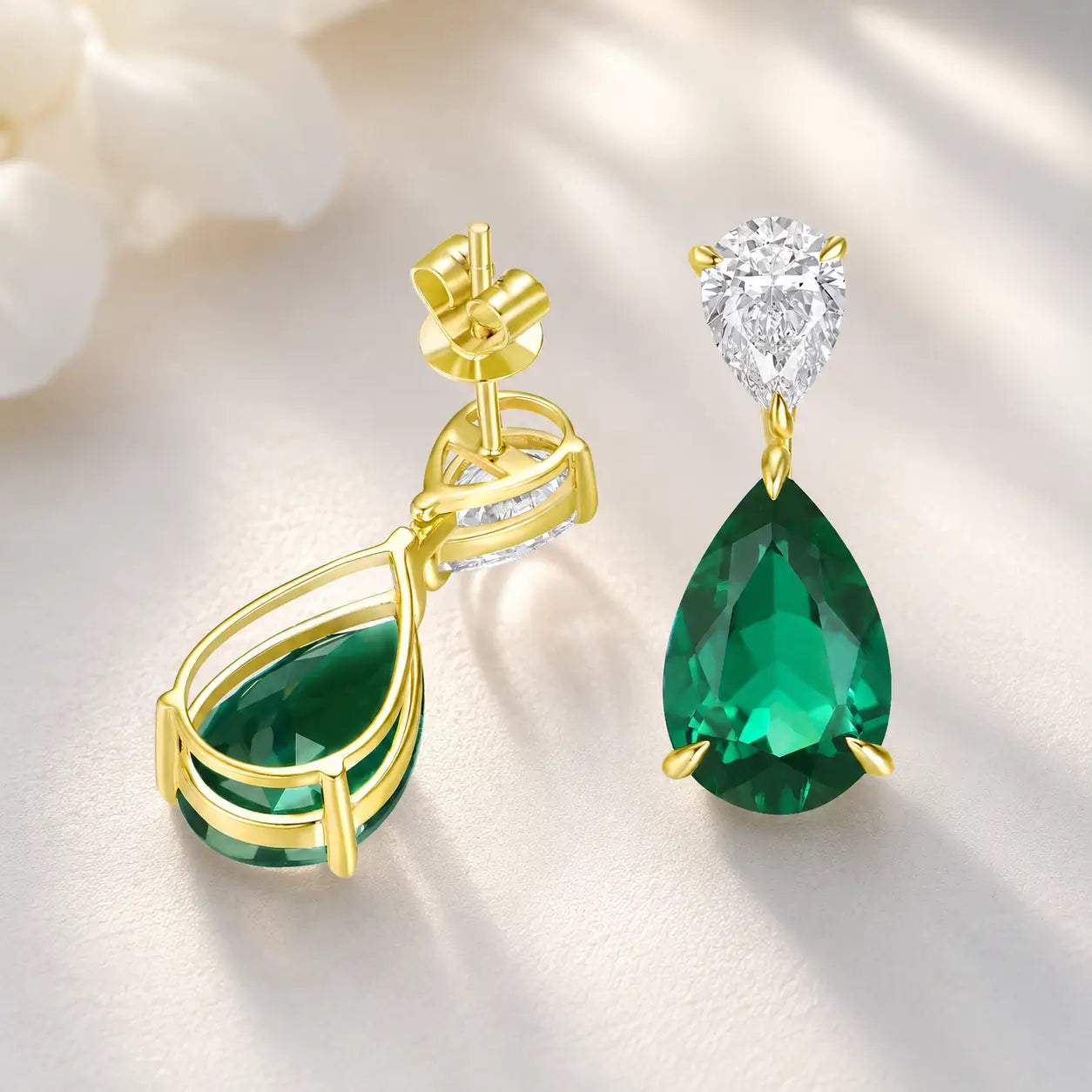 Duet 7ctw Pear Lab Grown Diamond & Emerald Drop Earrings in 14k yellow gold