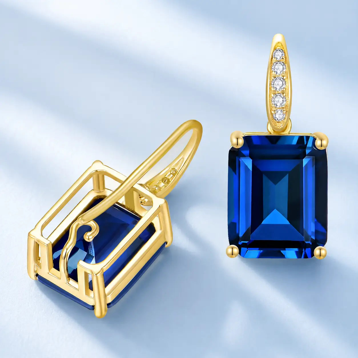 Radiant Emerald-Cut 8.25ctw Lab-Grown Sapphire Diamond Drop Earrings in 14k gold 
