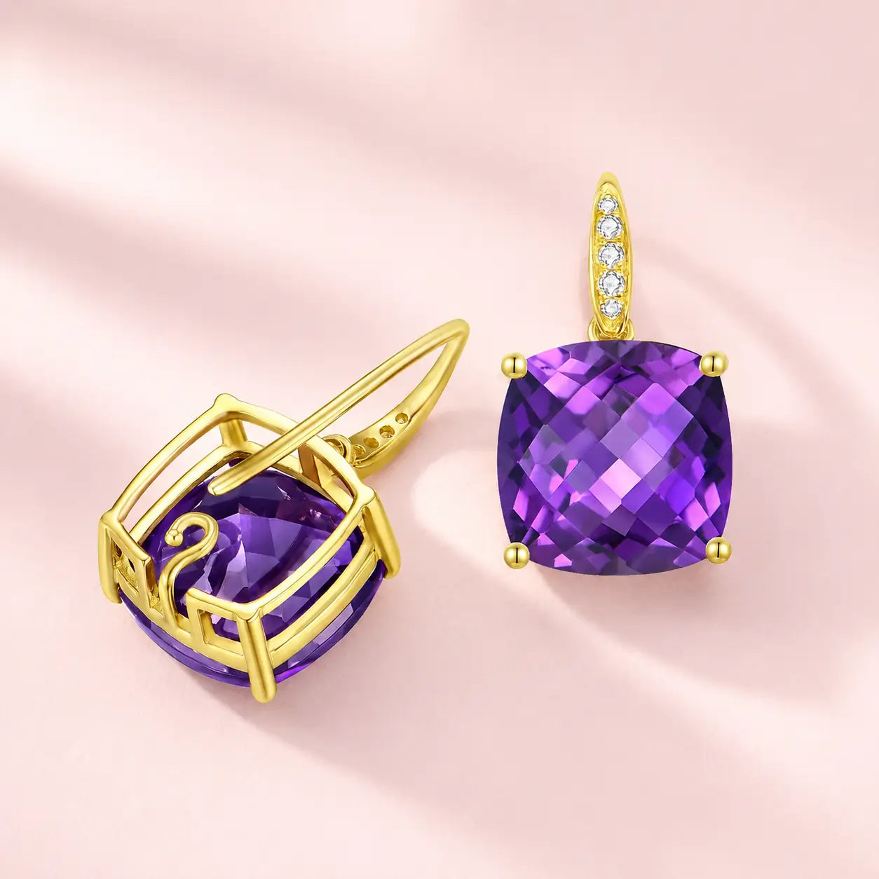 14k gold Radiant Cushion Natural 6.85ctw Amethyst Diamond Drop Earrings