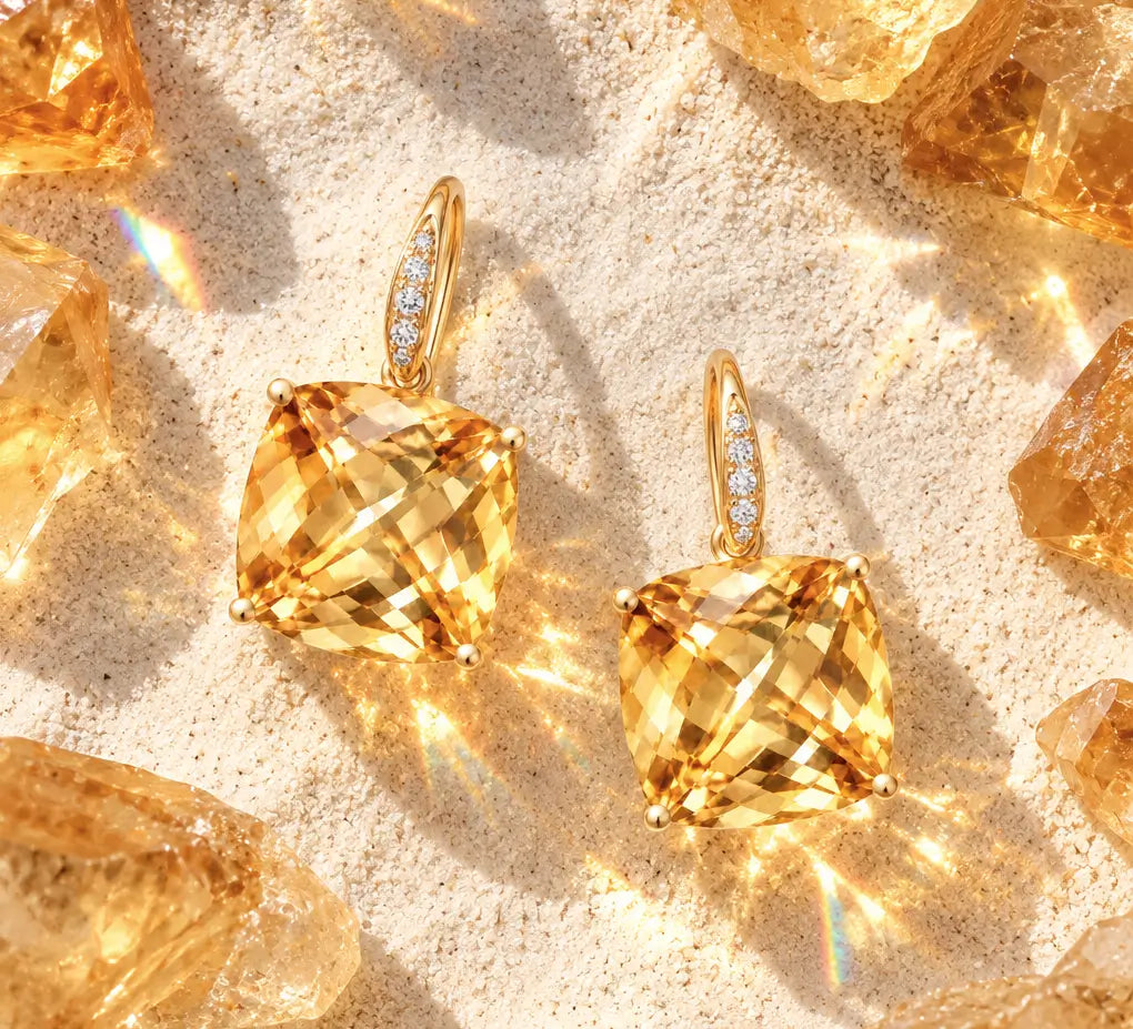 Natural golden citrine drop earrings in 14K gold surrounded by citrine crystals.