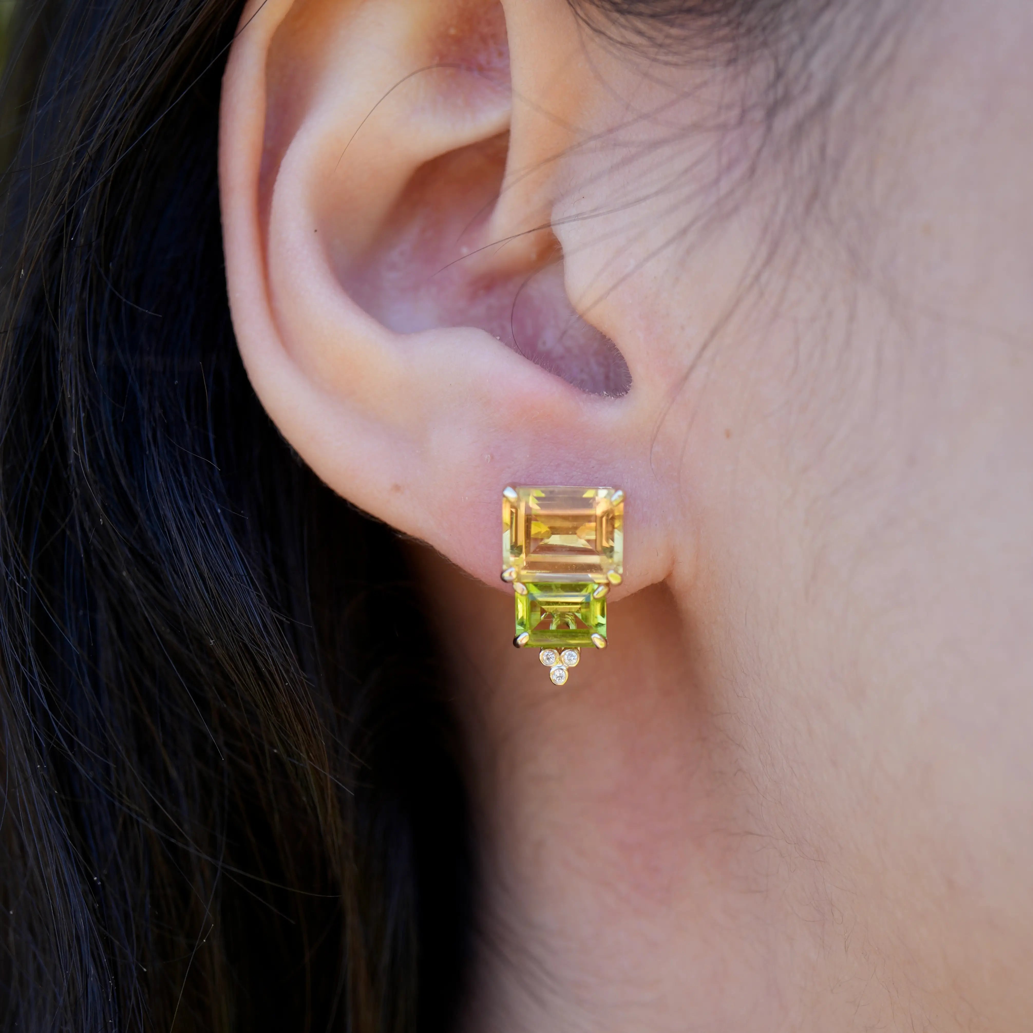 natural Citrine Peridot Diamond Earrings 14k yellow gold