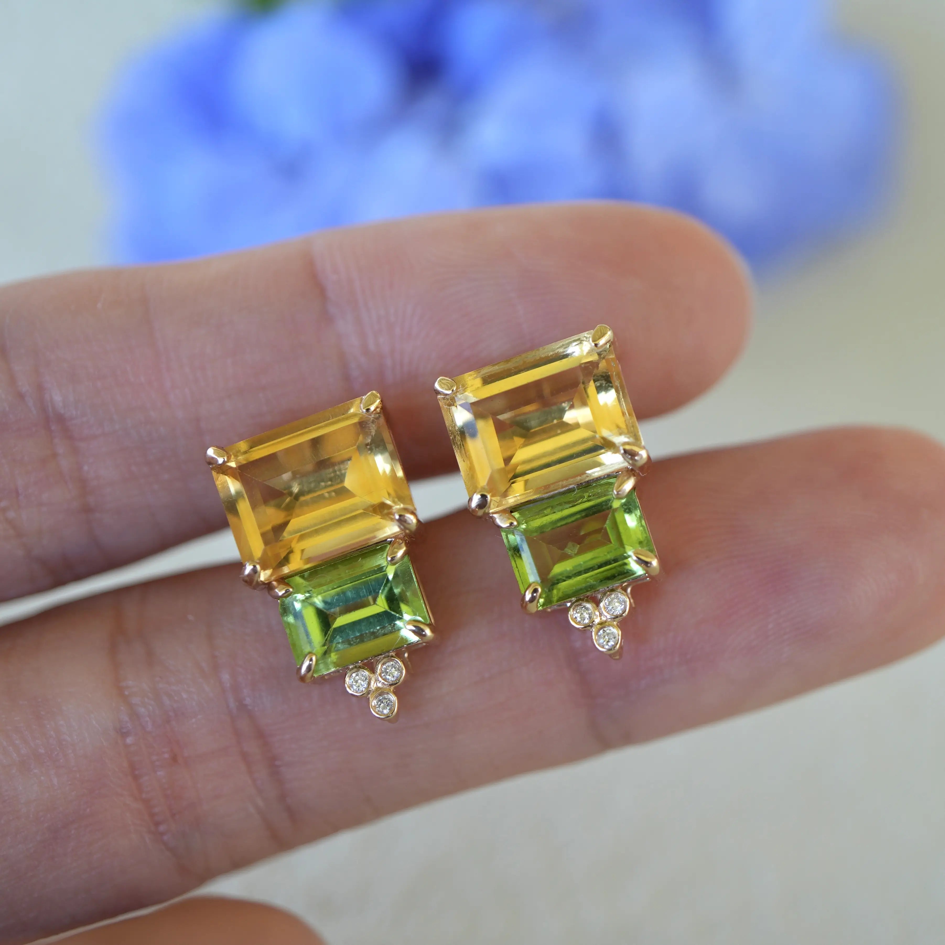 natural Citrine Peridot Diamond Earrings 14k yellow gold