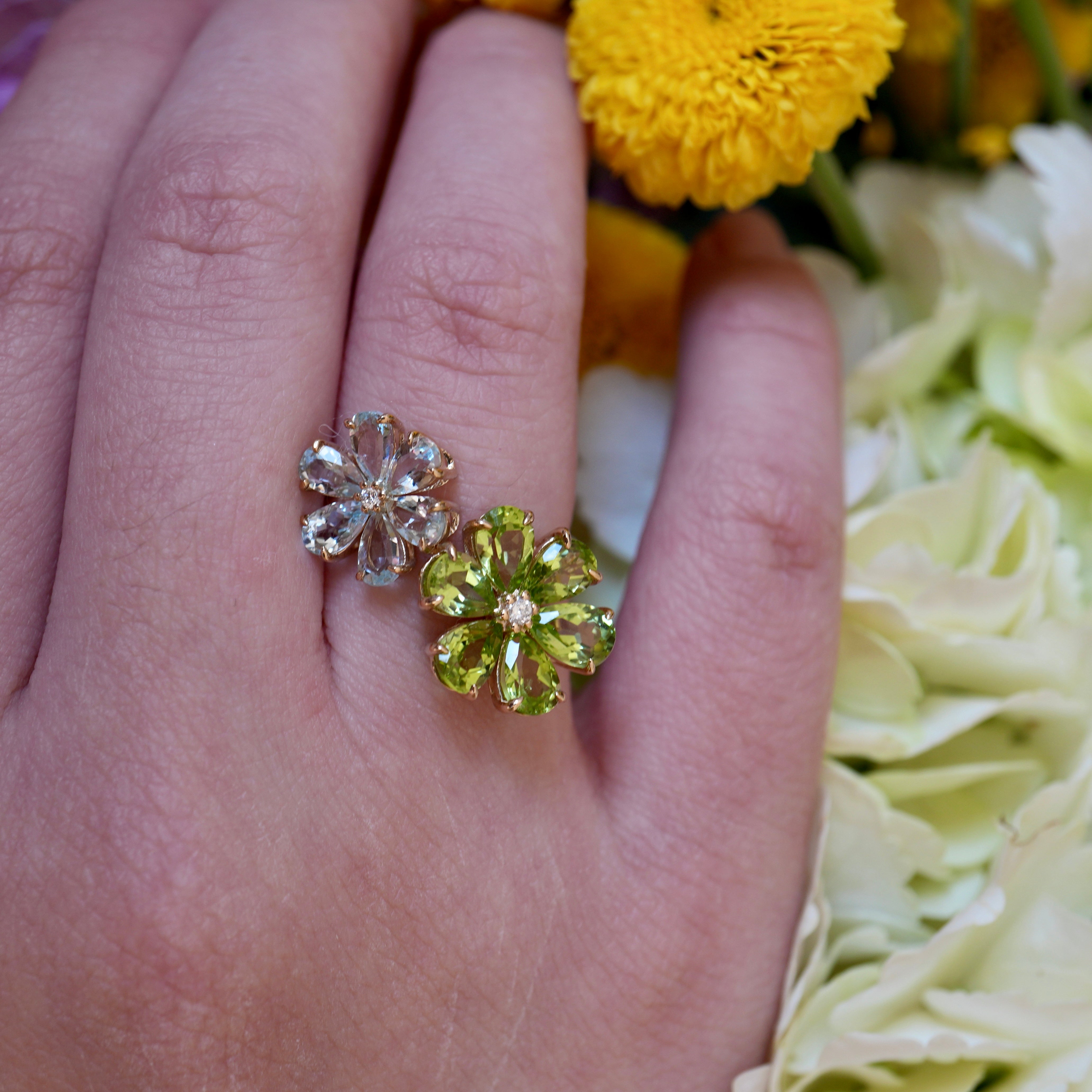 Flora Blossom Periot and Aquamarine Diamond Cocktail Ring