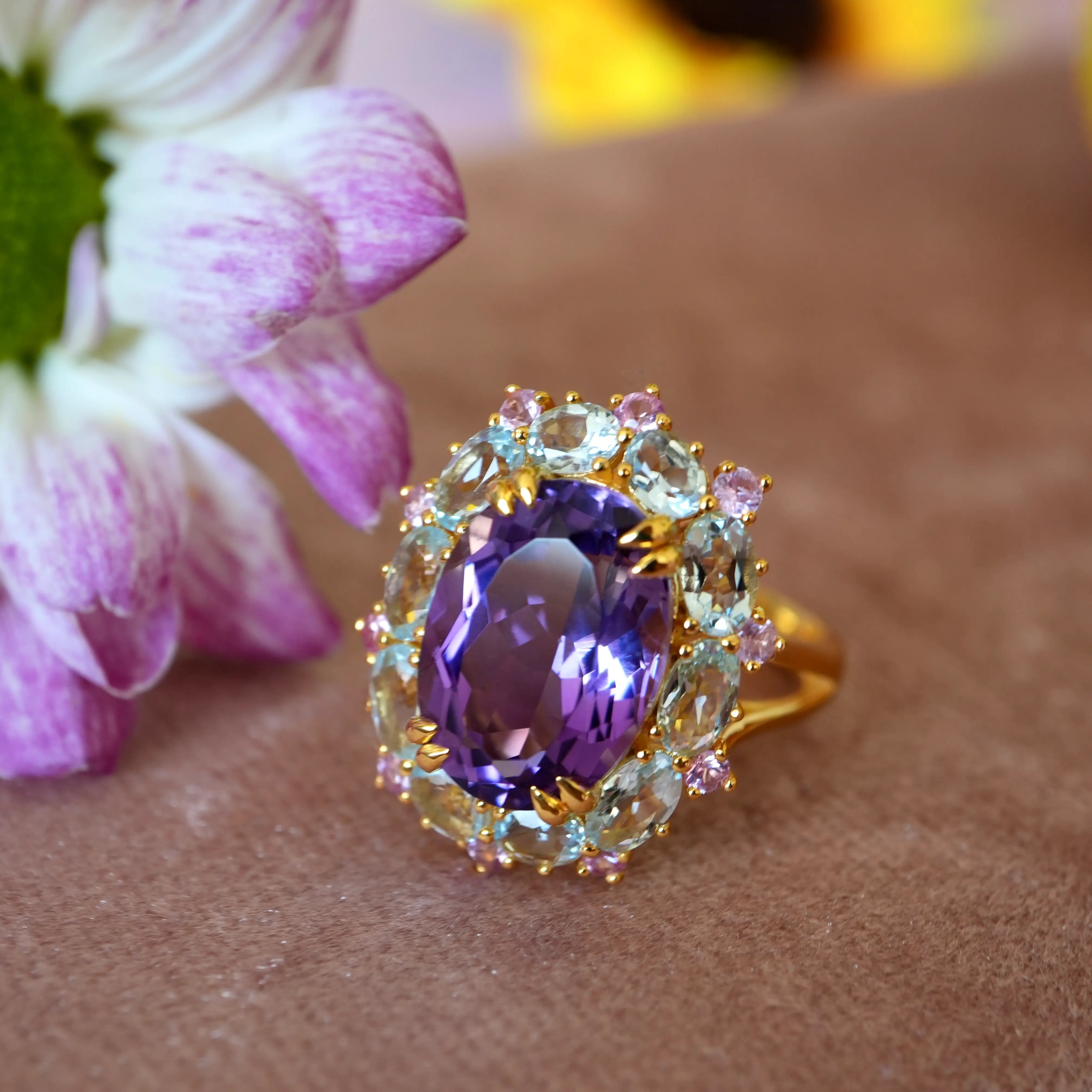Mira Amethyst Aquamarine Pink Sapphire Cocktail Ring
