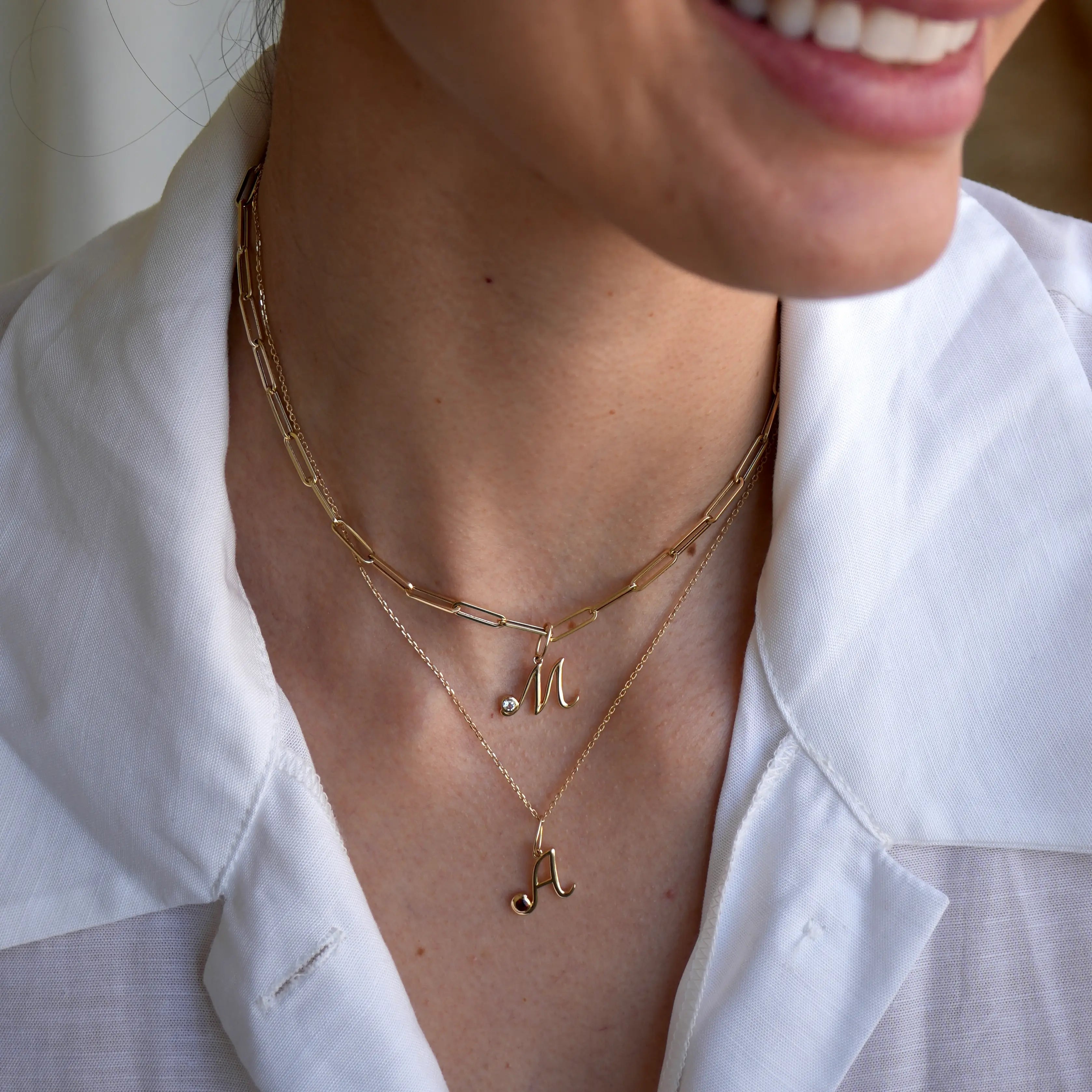 Cursive Initial M Birthstone Charm Paperclip Necklace
