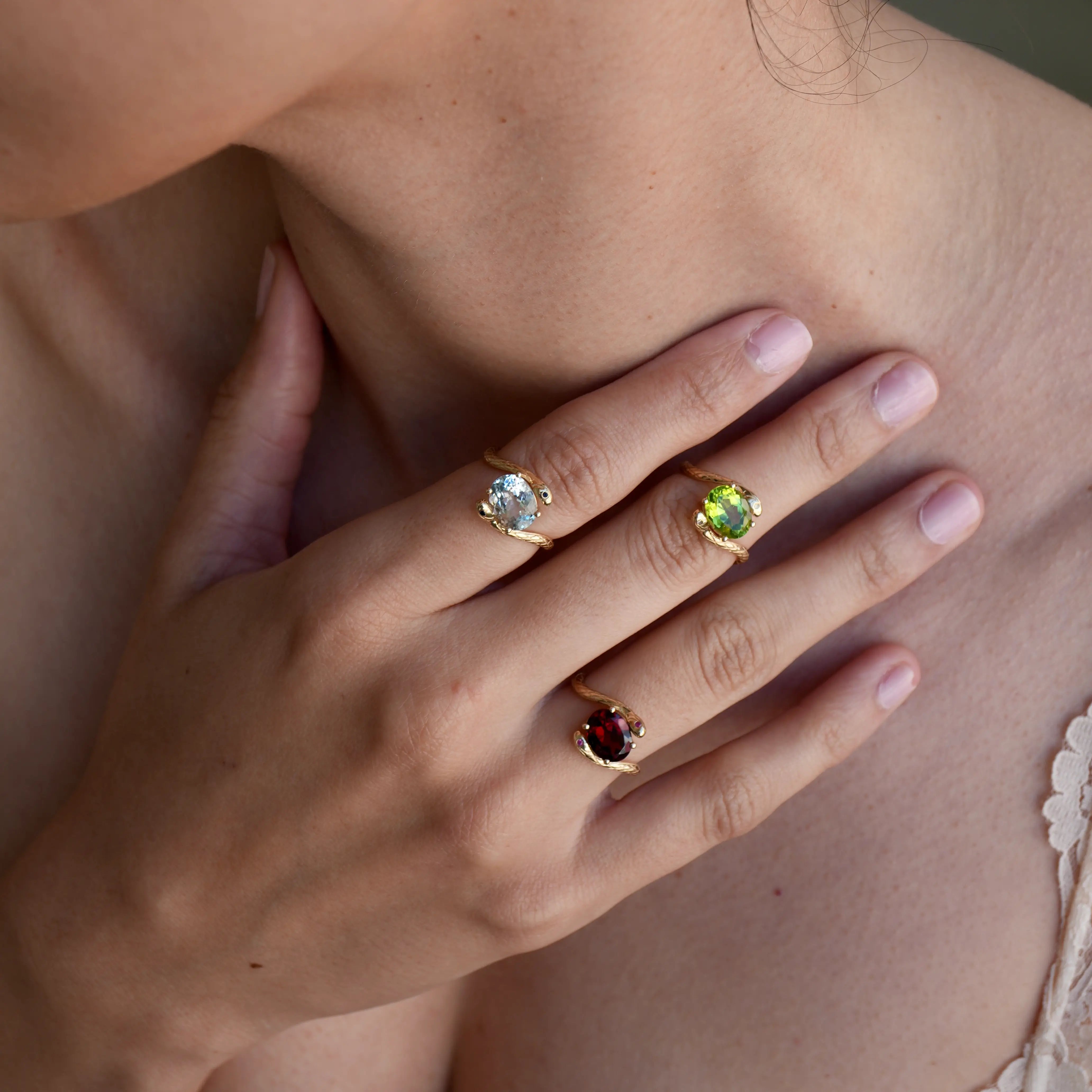Snake Peridot Diamond East-West Ring