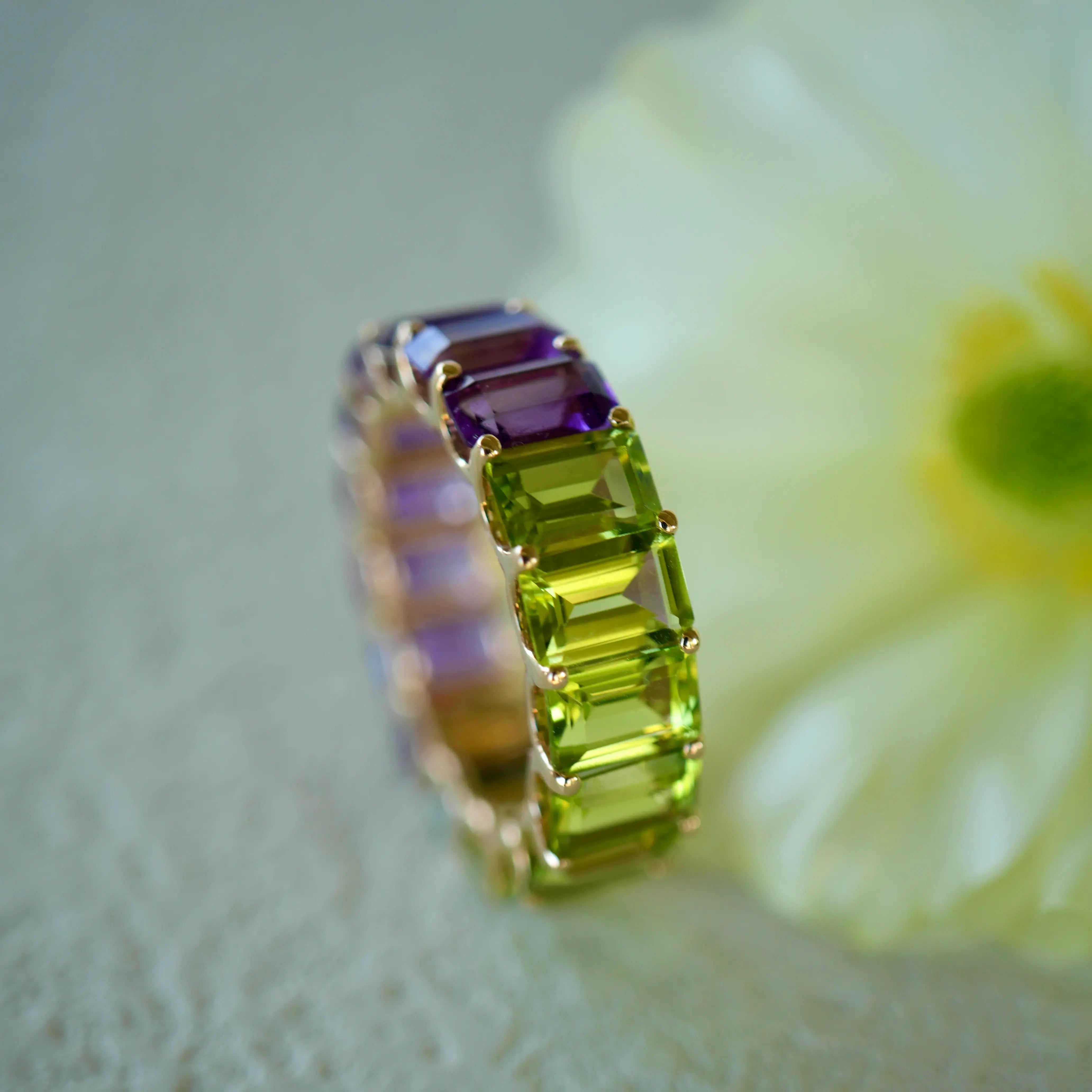 Nora Emerald-Cut Natural Amethyst & Peridot Duo Eternity Ring 14k yellow gold 