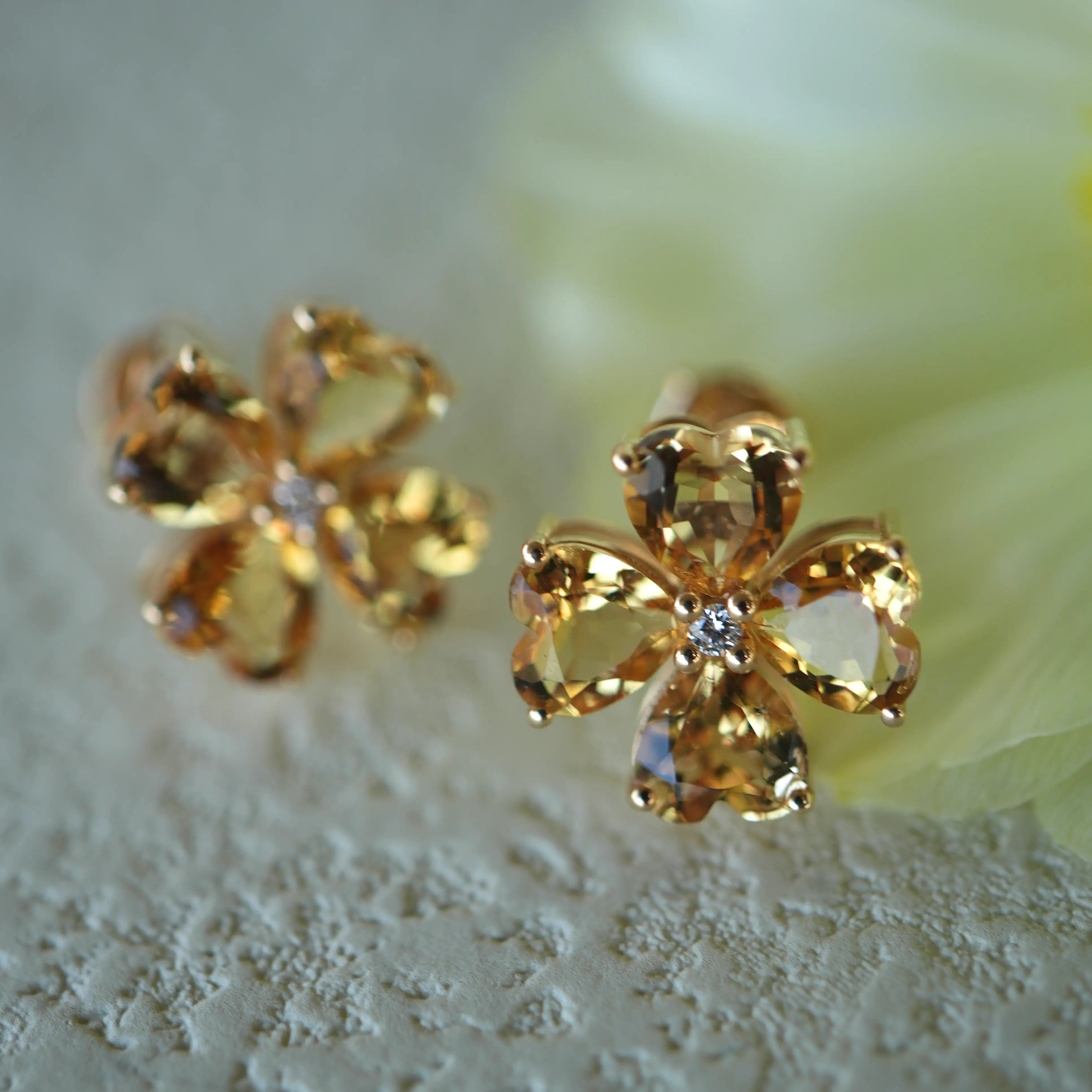 Natural Pear Citrine Diamond Clover Earrings 14k Yellow Gold