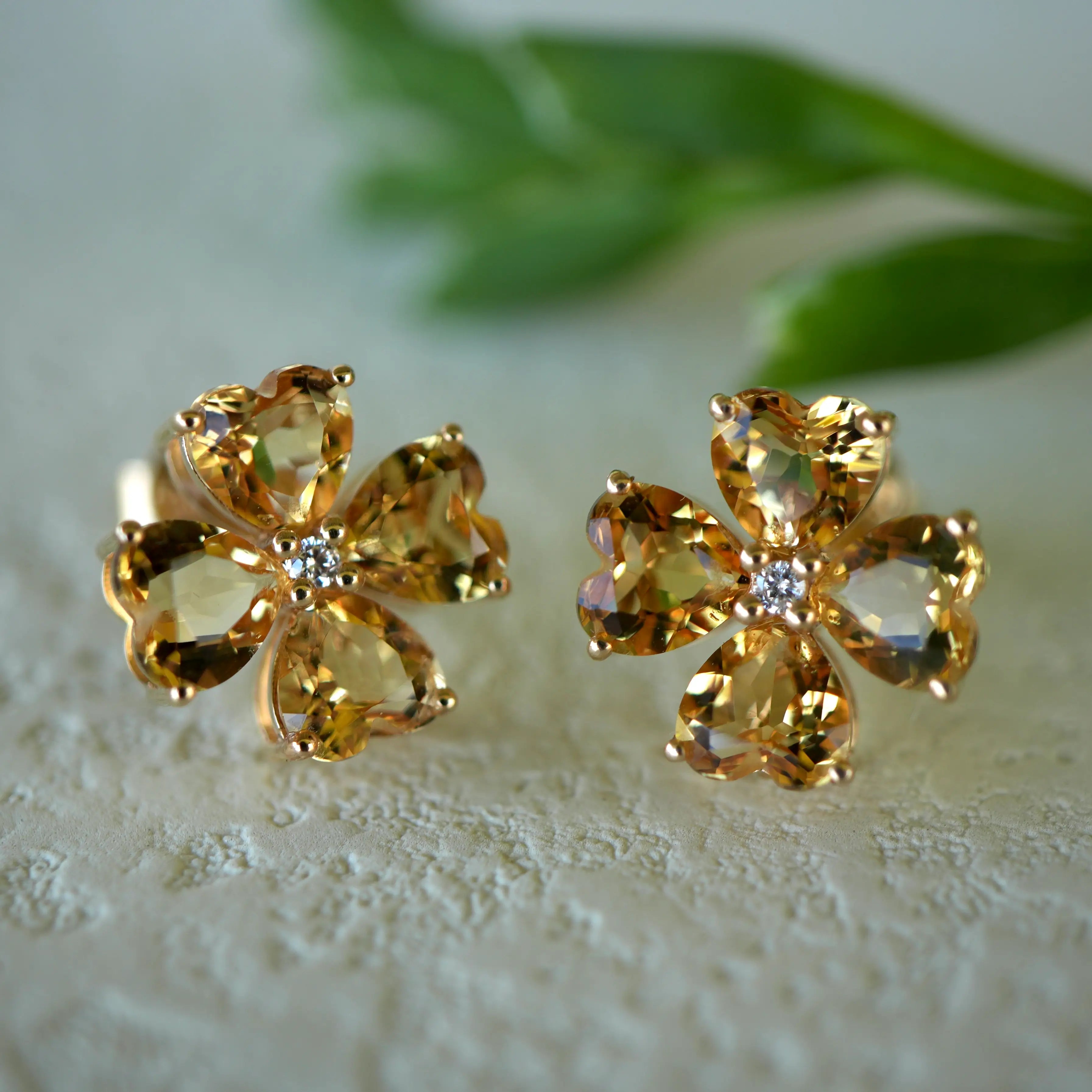 Natural Pear Citrine Diamond Clover Earrings 14k Yellow Gold
