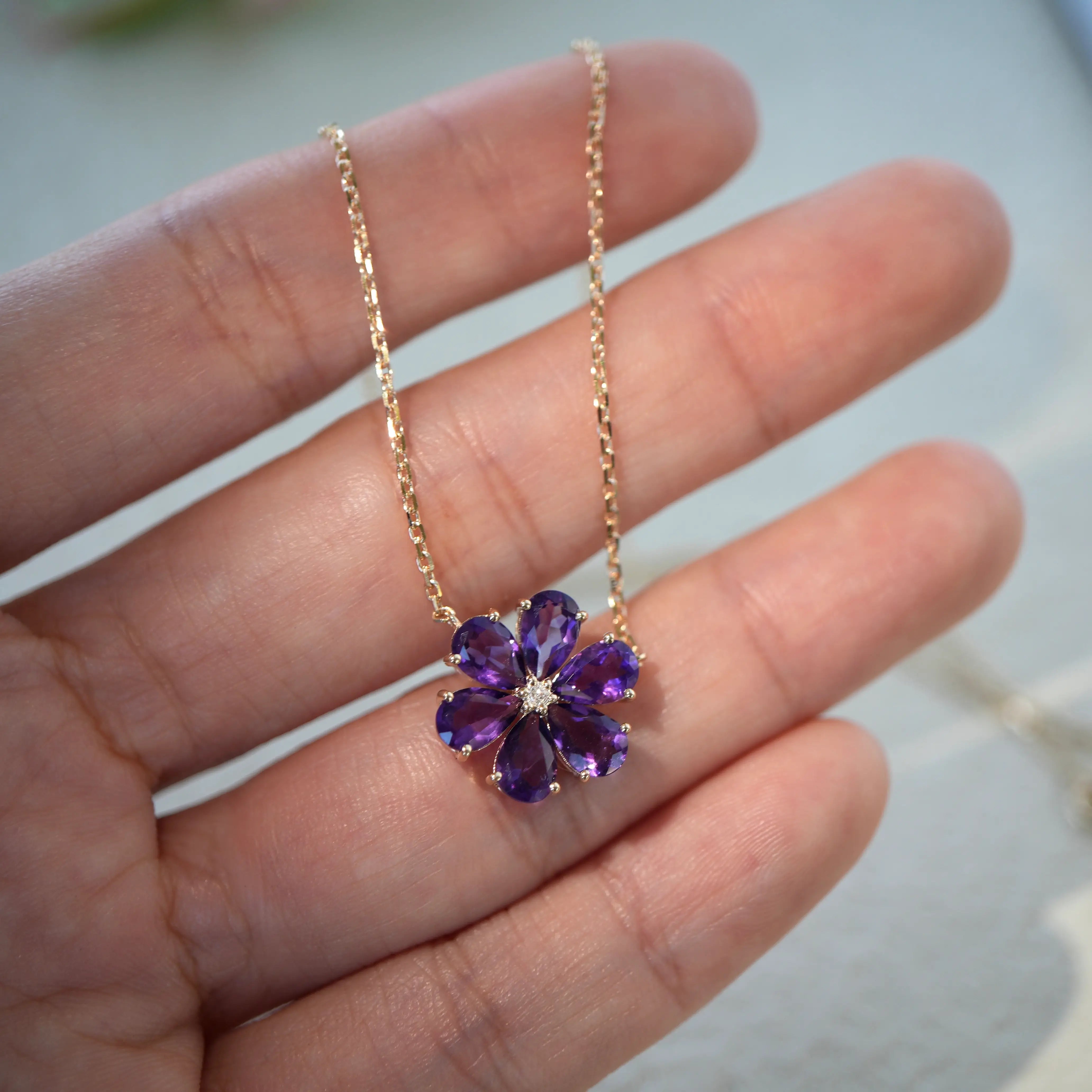 Flora Blossom Amethyst Diamond Necklace 14k yellow gold
