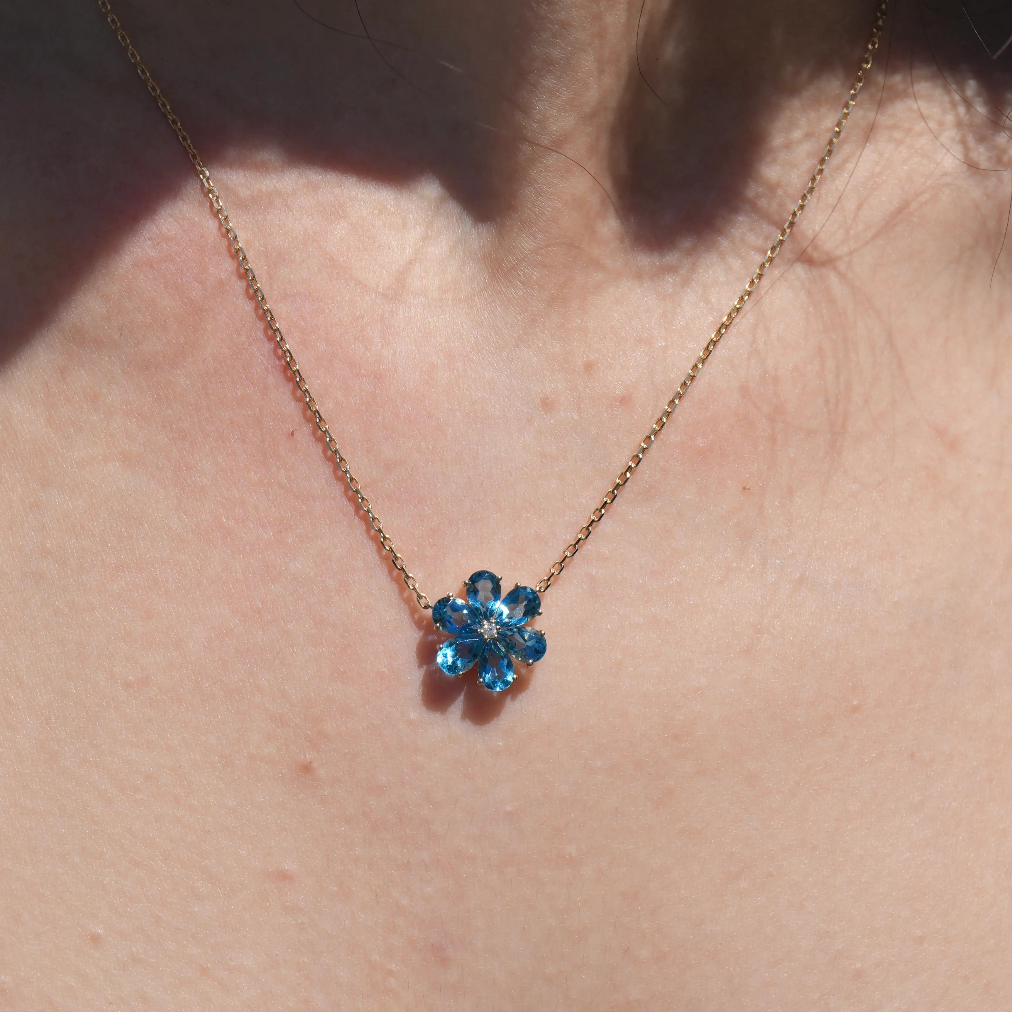 Flora Blossom Natural Blue Topaz Diamond Necklace 14k Yellow Gold