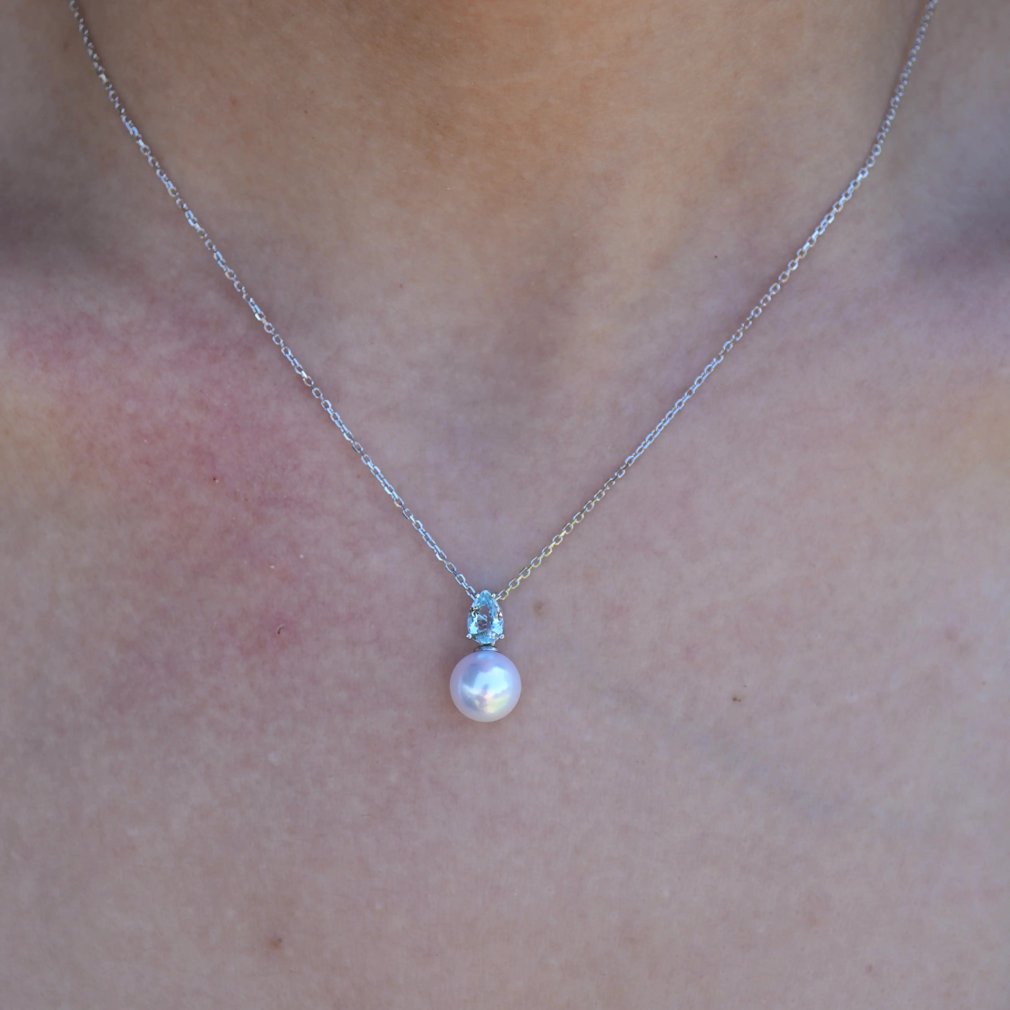 Teardrop Aquamarine Pearl Convertible Drop Necklace 14k white gold 