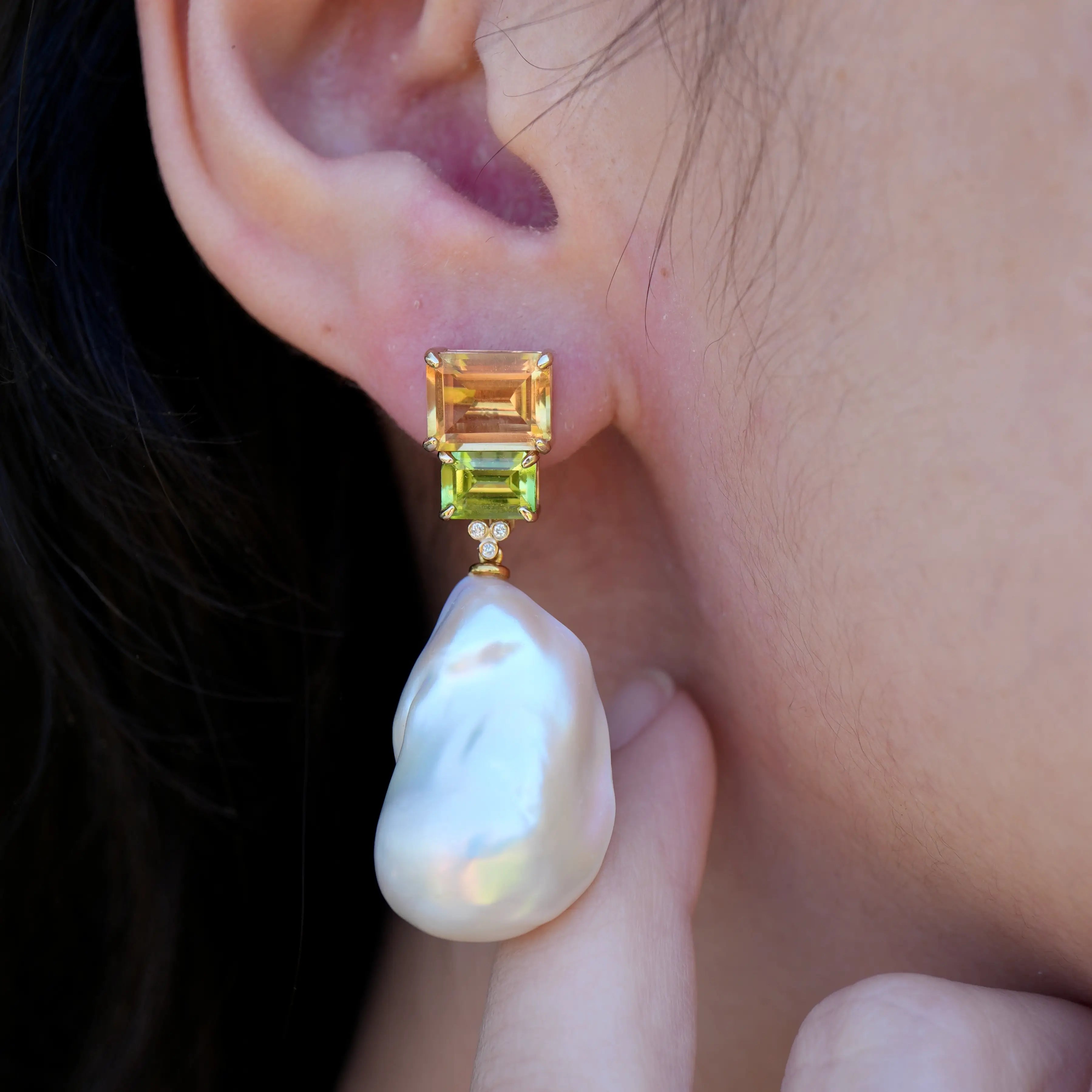 Natural Emerlad Cut Citrine Peridot Diamond Baroque Pearl Convertible Earrings in 14K yellow gold