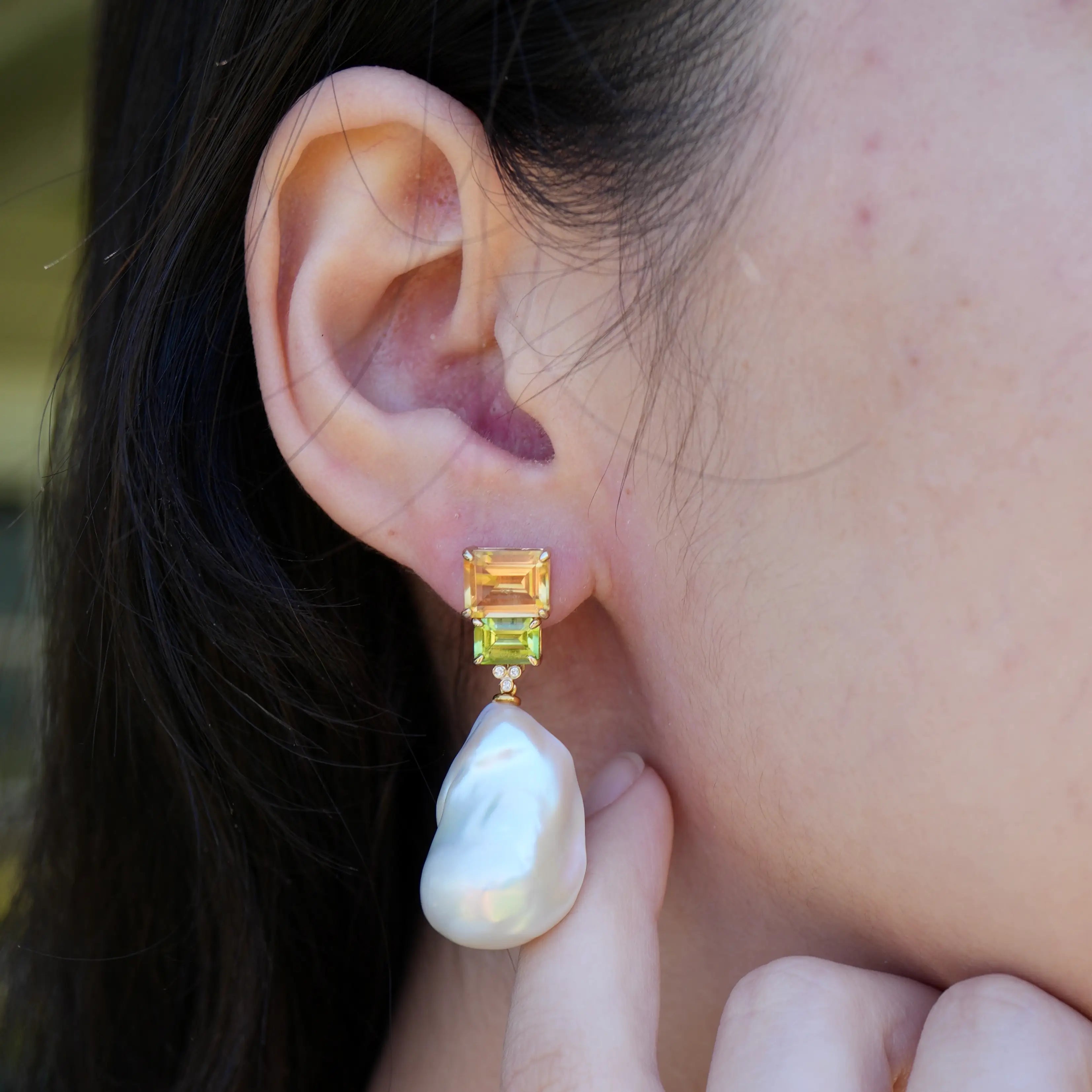 Natural Emerlad Cut Citrine Peridot Diamond Baroque Pearl Convertible Earrings in 14K yellow gold