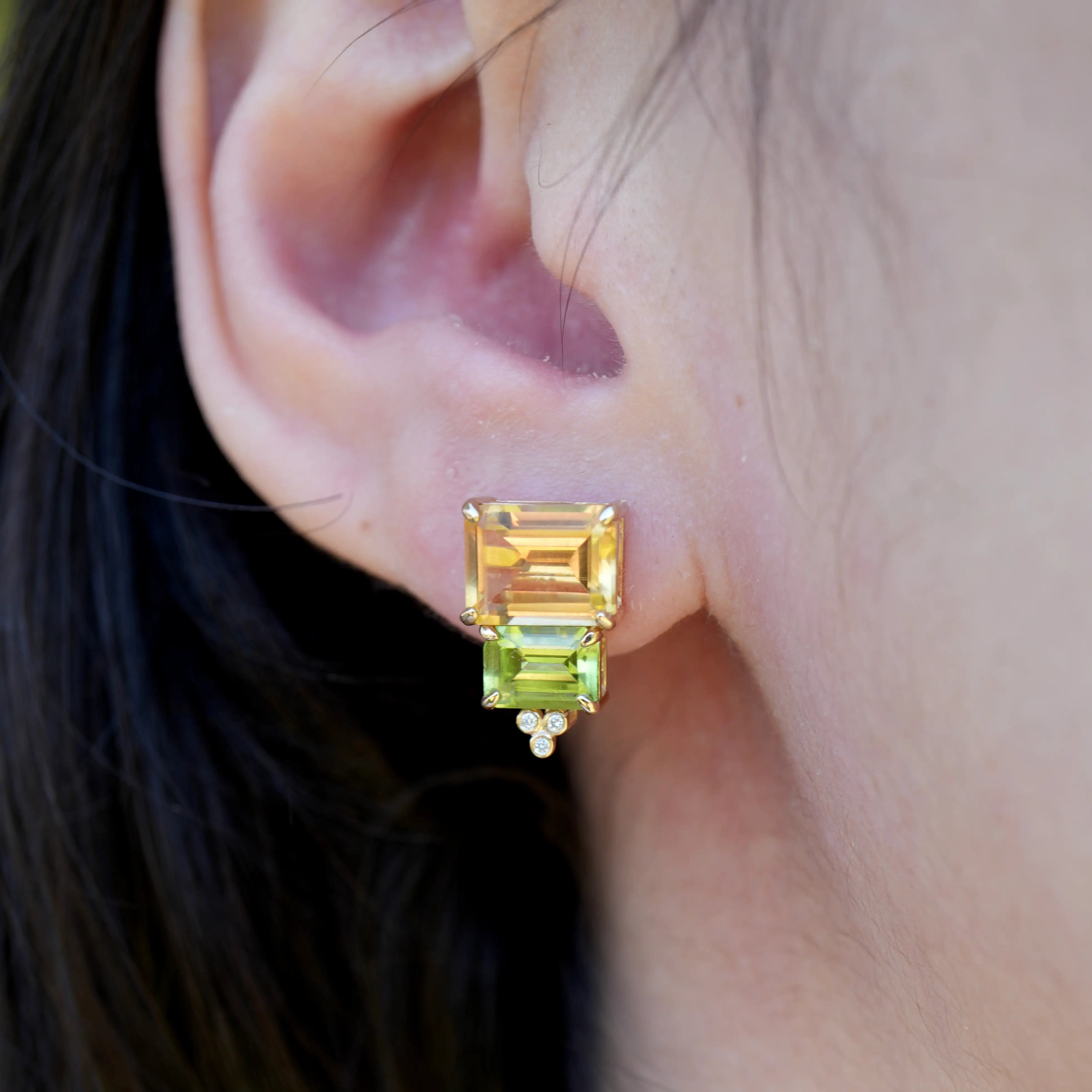 Natural Citrine Peridot Diamond Two Stones Earrings 14k yellow gold 