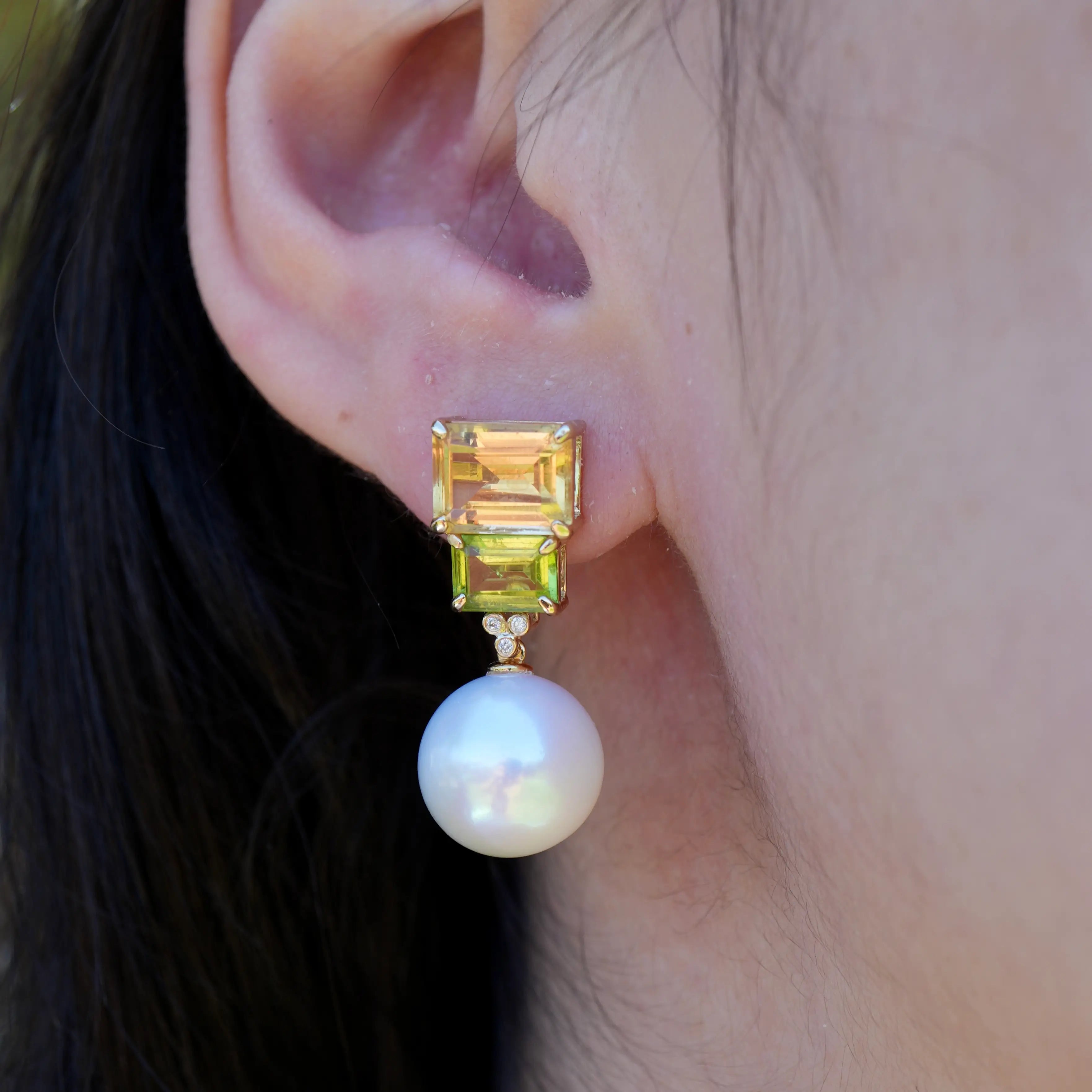 natural Citrine Peridot Diamond Pearl Convertible Drop Earrings