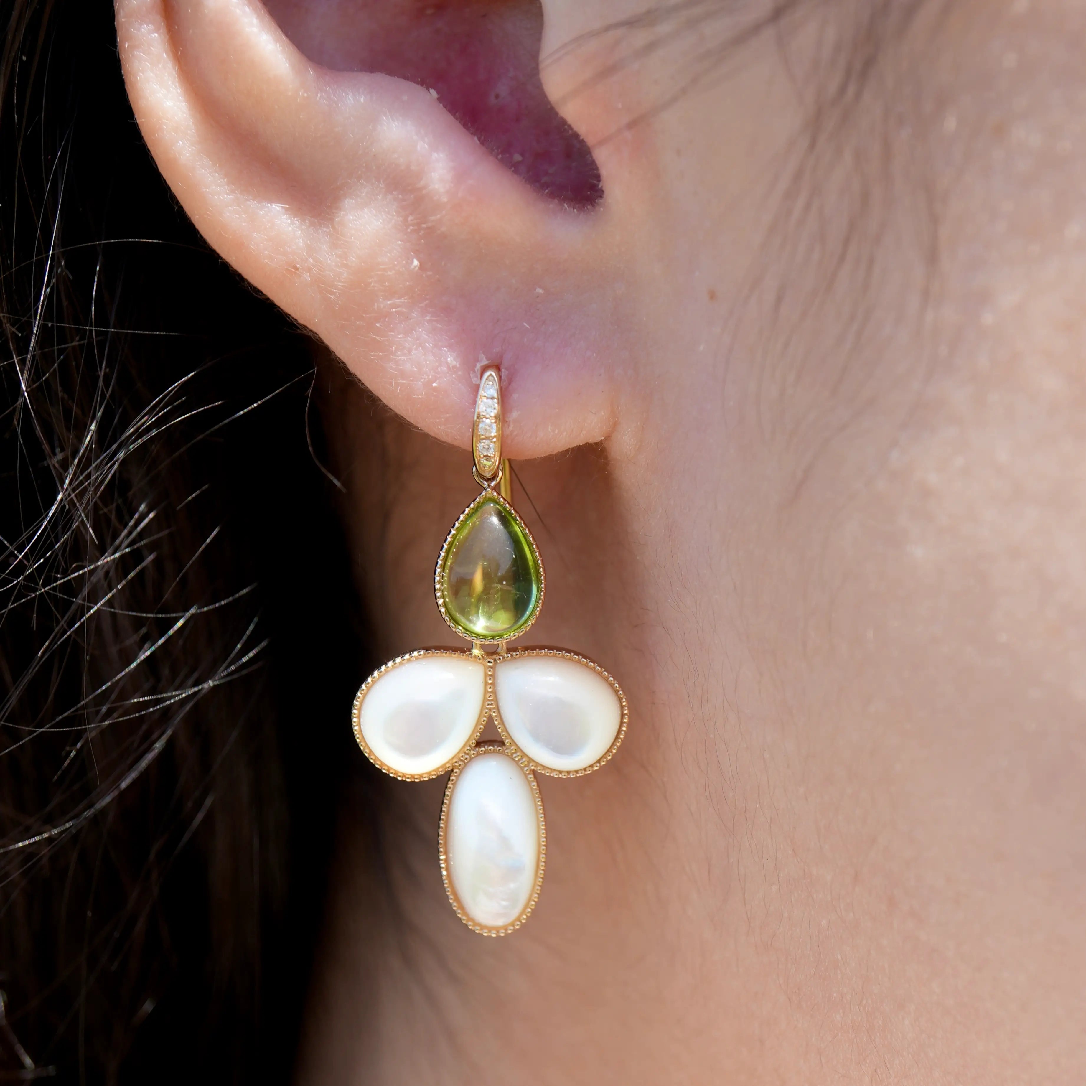 SnowDrop Flower Natural Peridot & Mother of Pearl Diamond Convertible Drop Earrings 14k yellow gold 