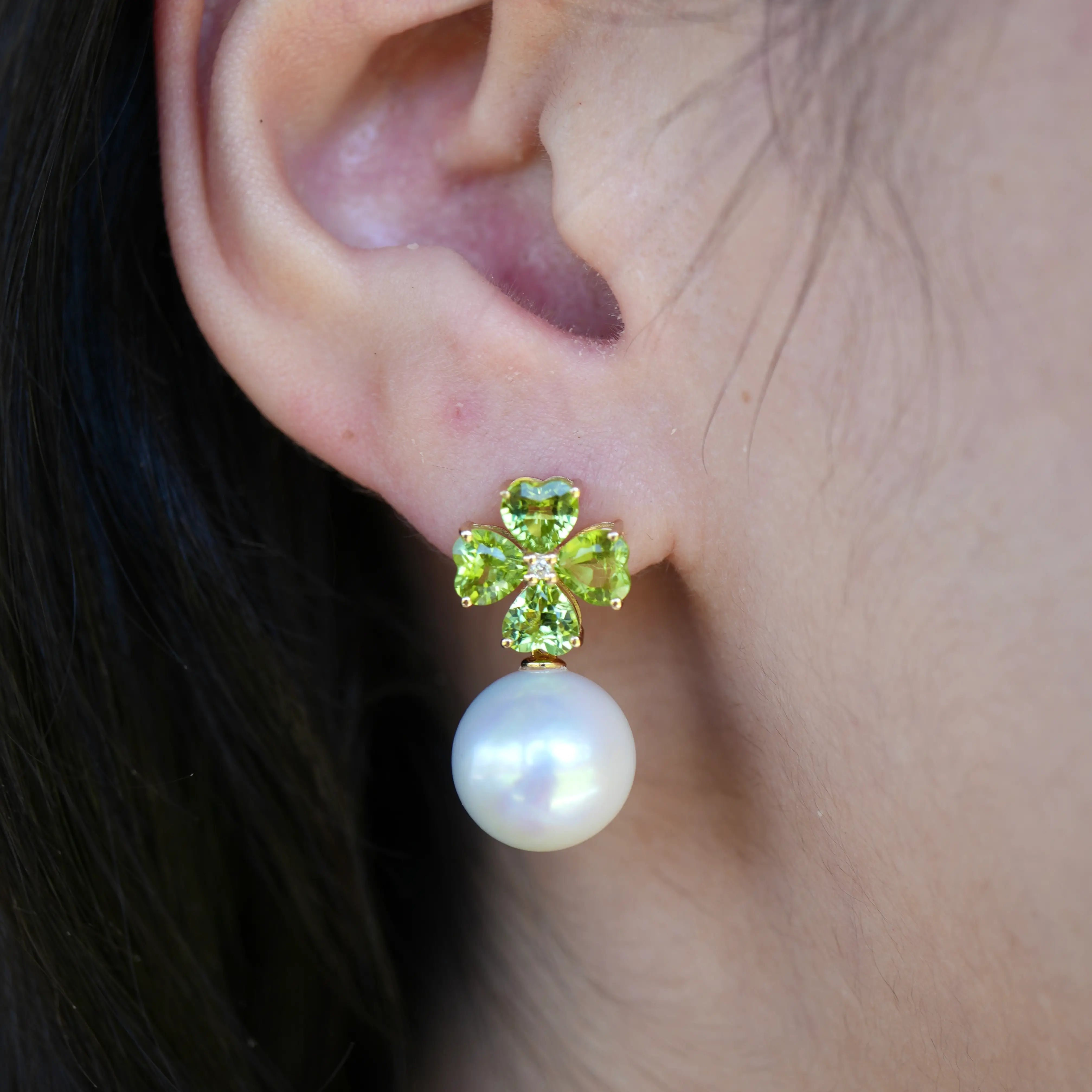 Natural heart Peridot Diamond Clover cultured Pearl Convertible Earrings
