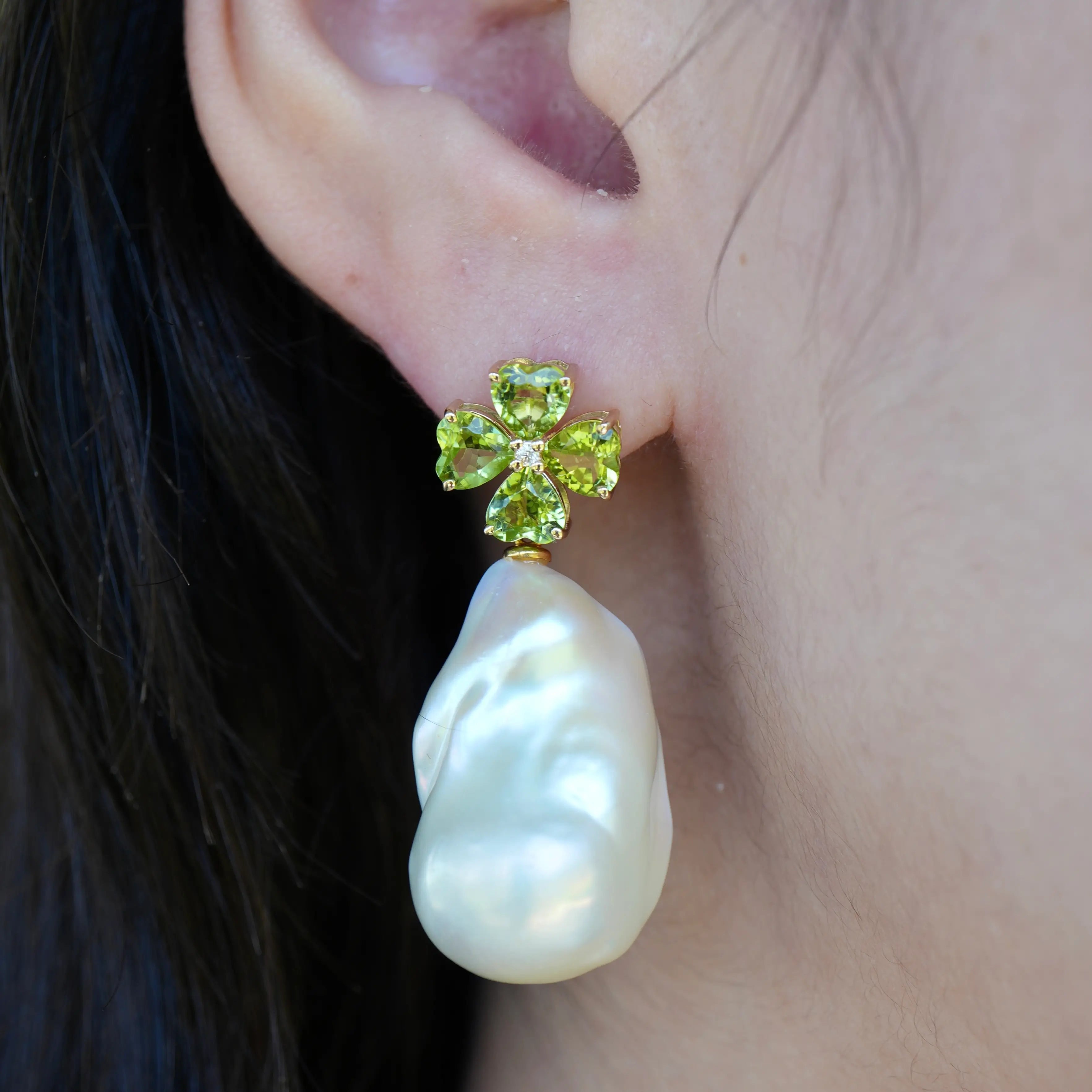 Natural Heart Peridot Diamond Clover Baroque Pearl Convertible Drop Earrings in 14k yellow gold 