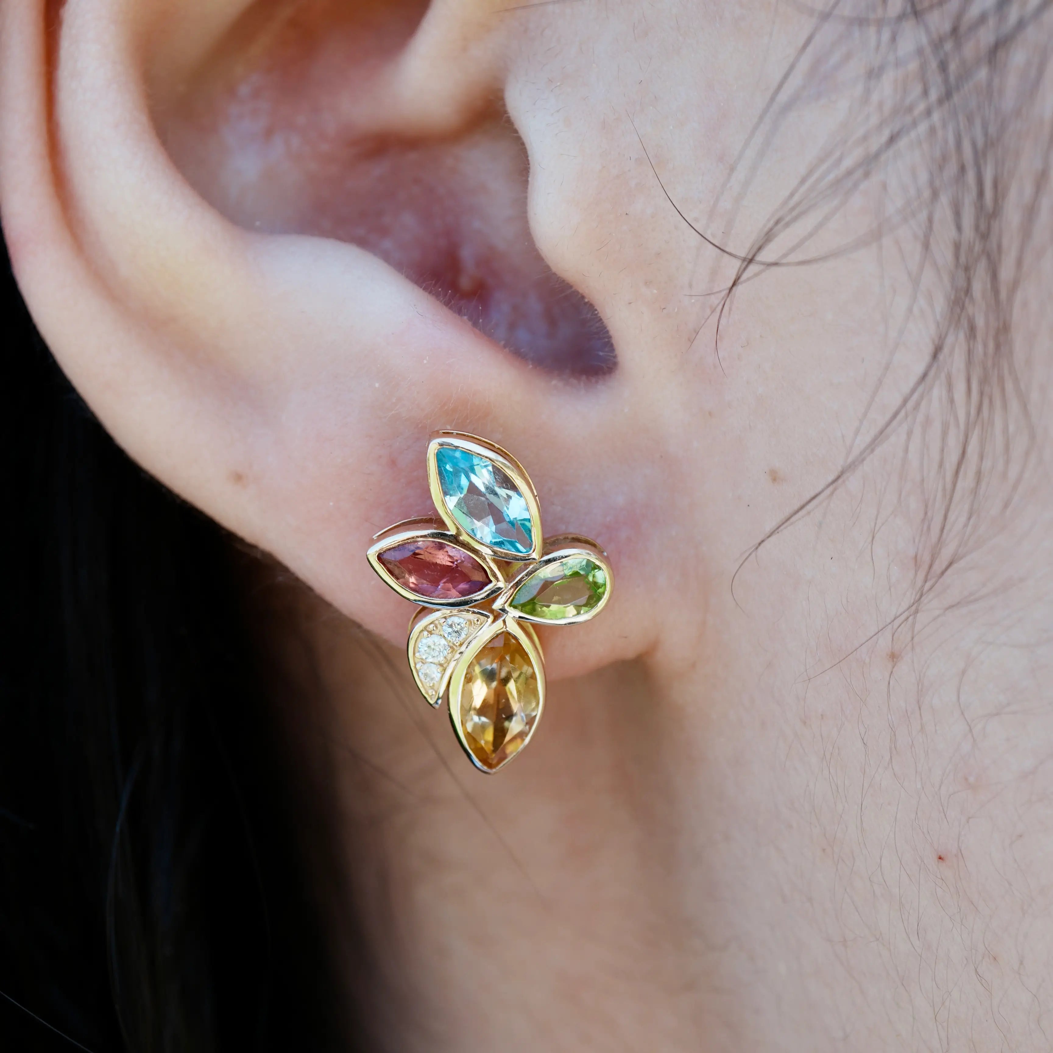 Flower Natural Peridot, Citrine, Aquamarine, Amethyst, Tourmaline Diamond Earrings 14k yellow gold