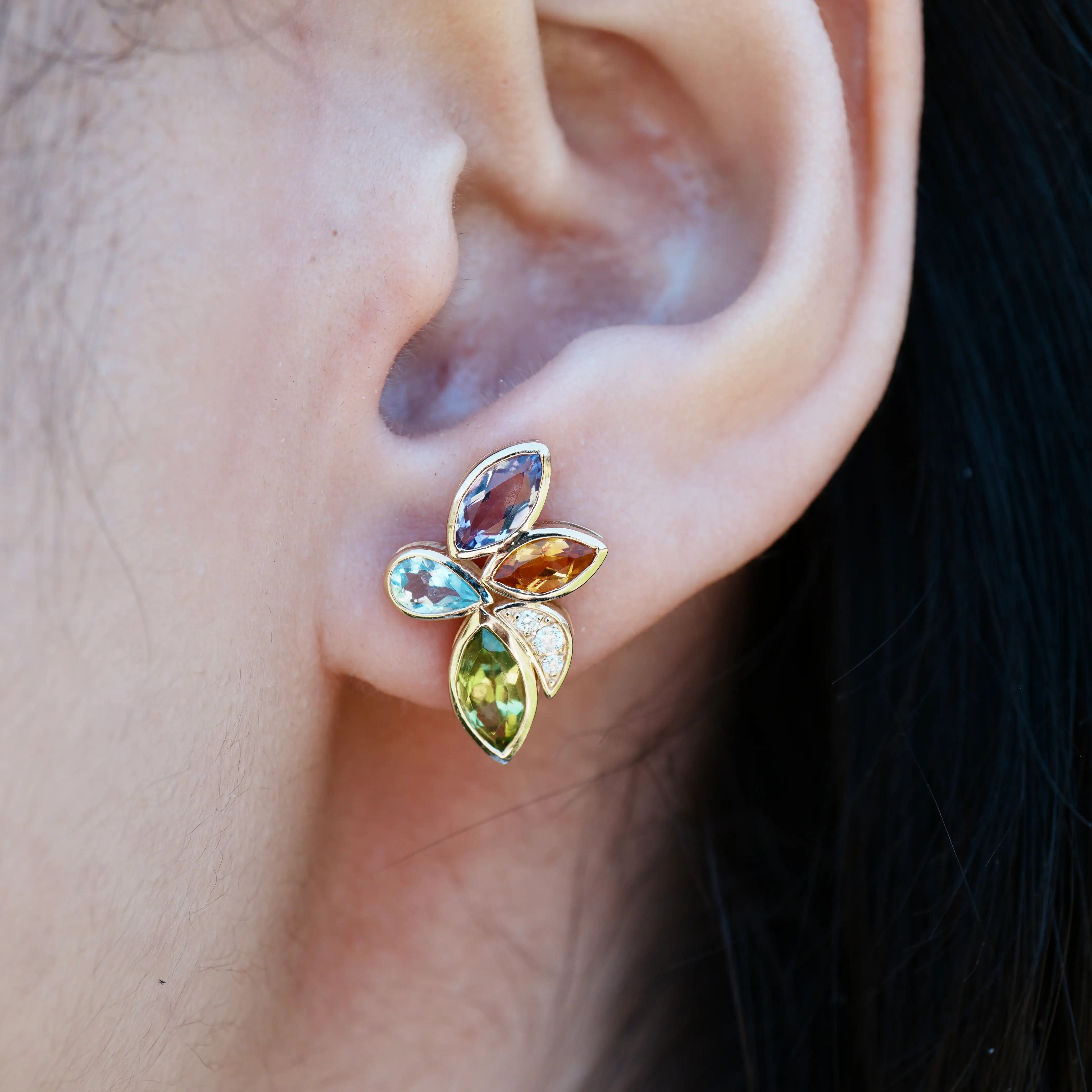 Flower Natural Peridot, Citrine, Aquamarine, Amethyst, Tourmaline Diamond Earrings 14k yellow gold