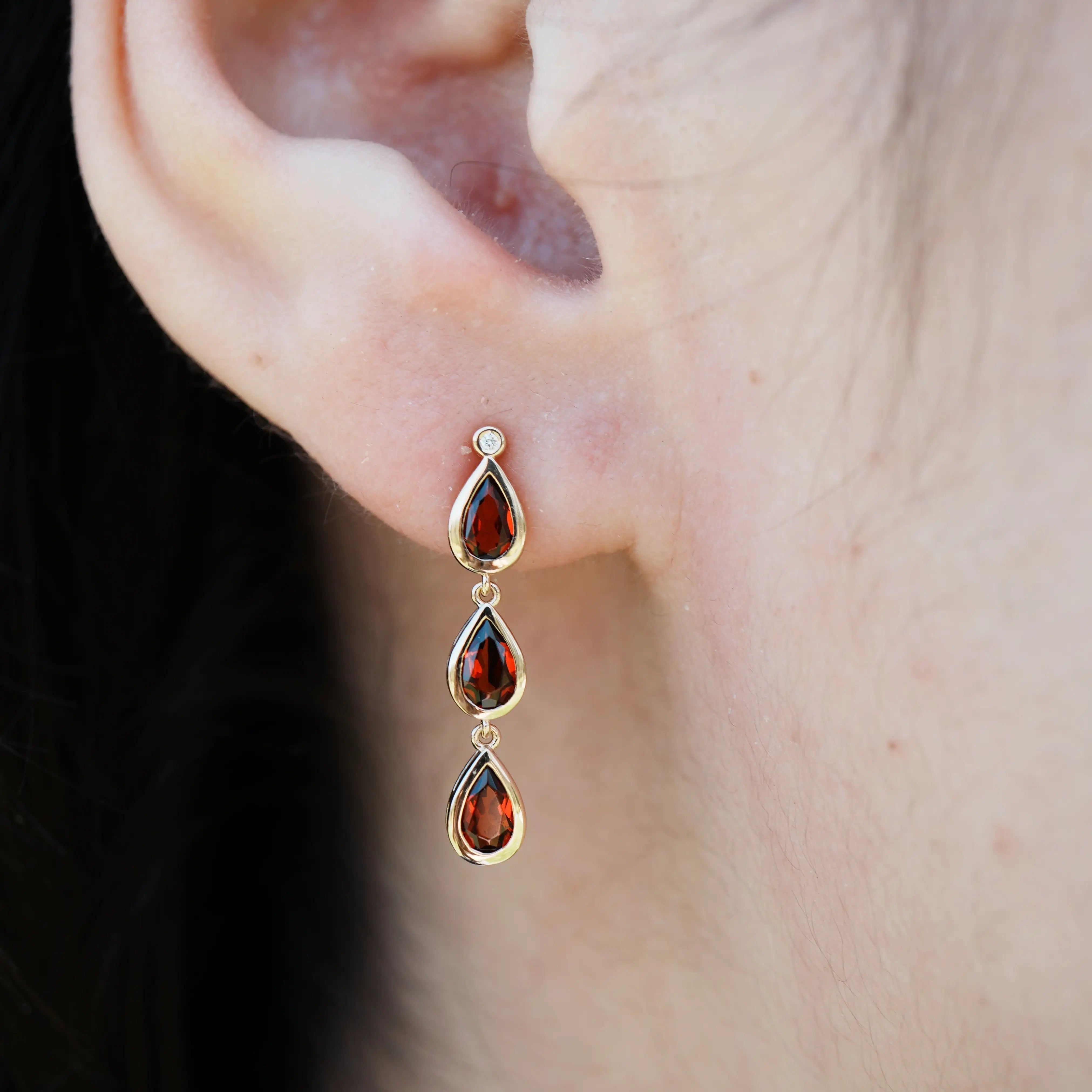 Venus Tears pear Garnet Diamond Drop Earrings 14k yellow gold 