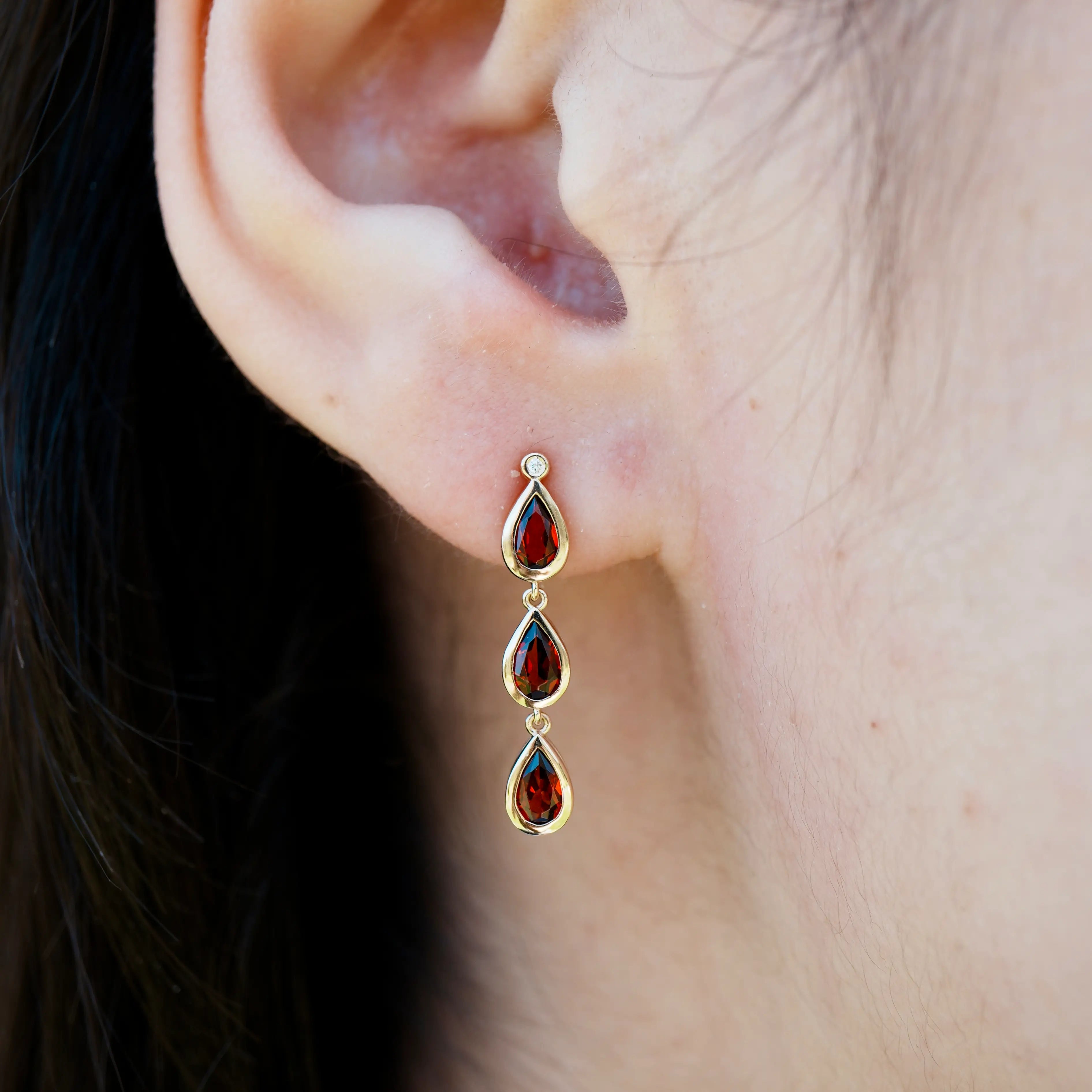 Venus Tears pear Garnet Diamond Drop Earrings 14k yellow gold 
