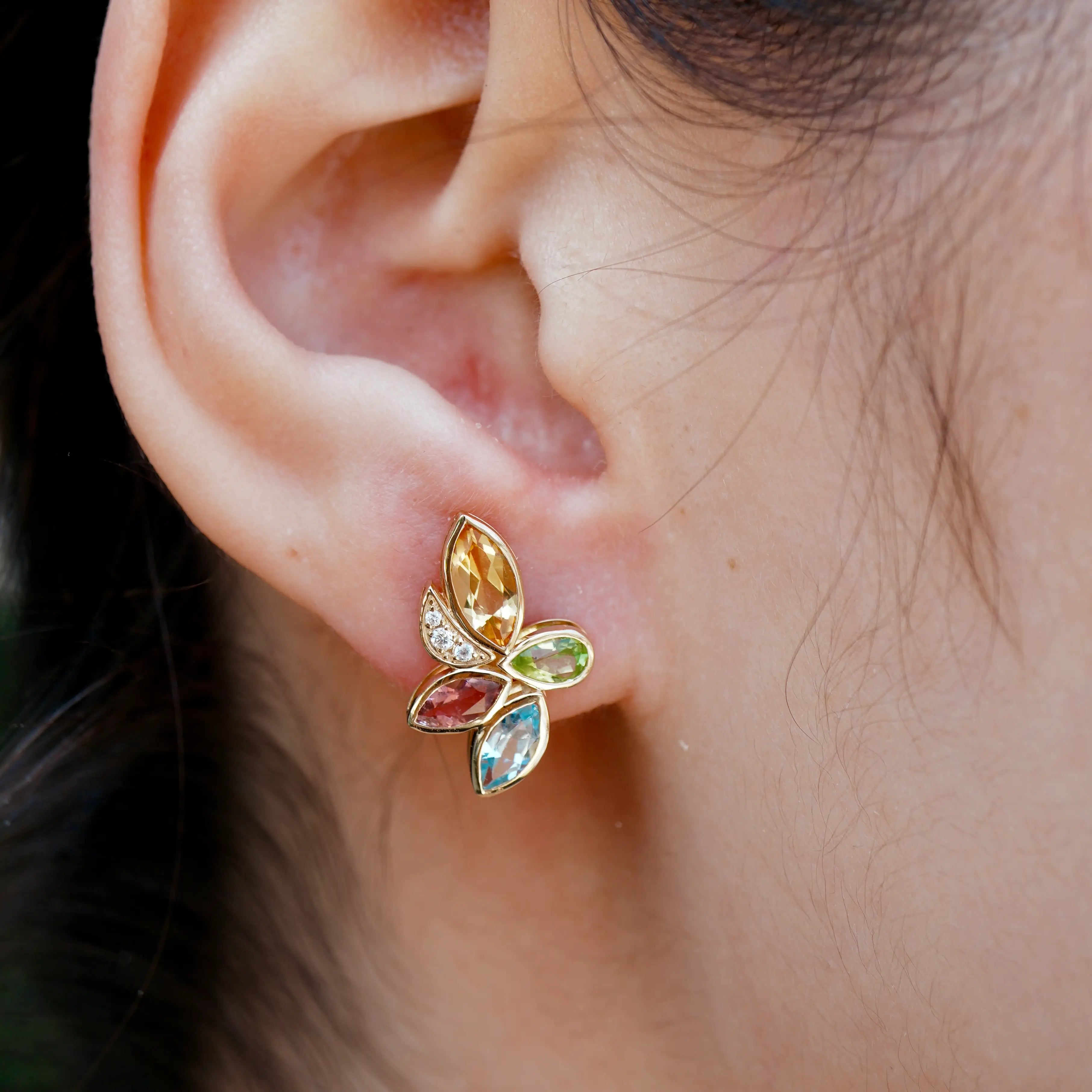 Tropical Flower Natural Multi Gemstone & Daimond Earrings 14k yellow gold