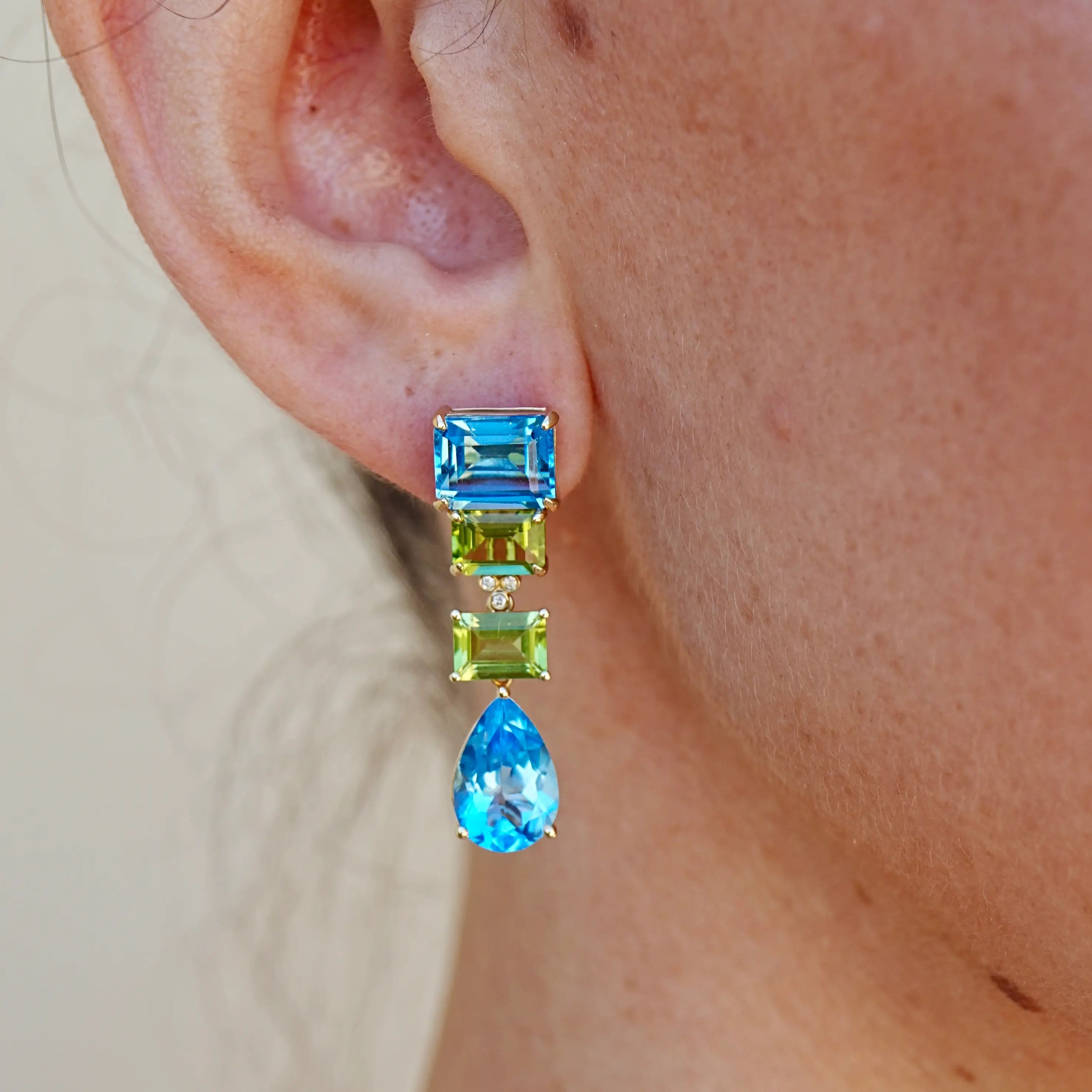 GemFusion Natural blue Topaz Peridot Diamond Convertible Drop Earrings 14k yellow gold 