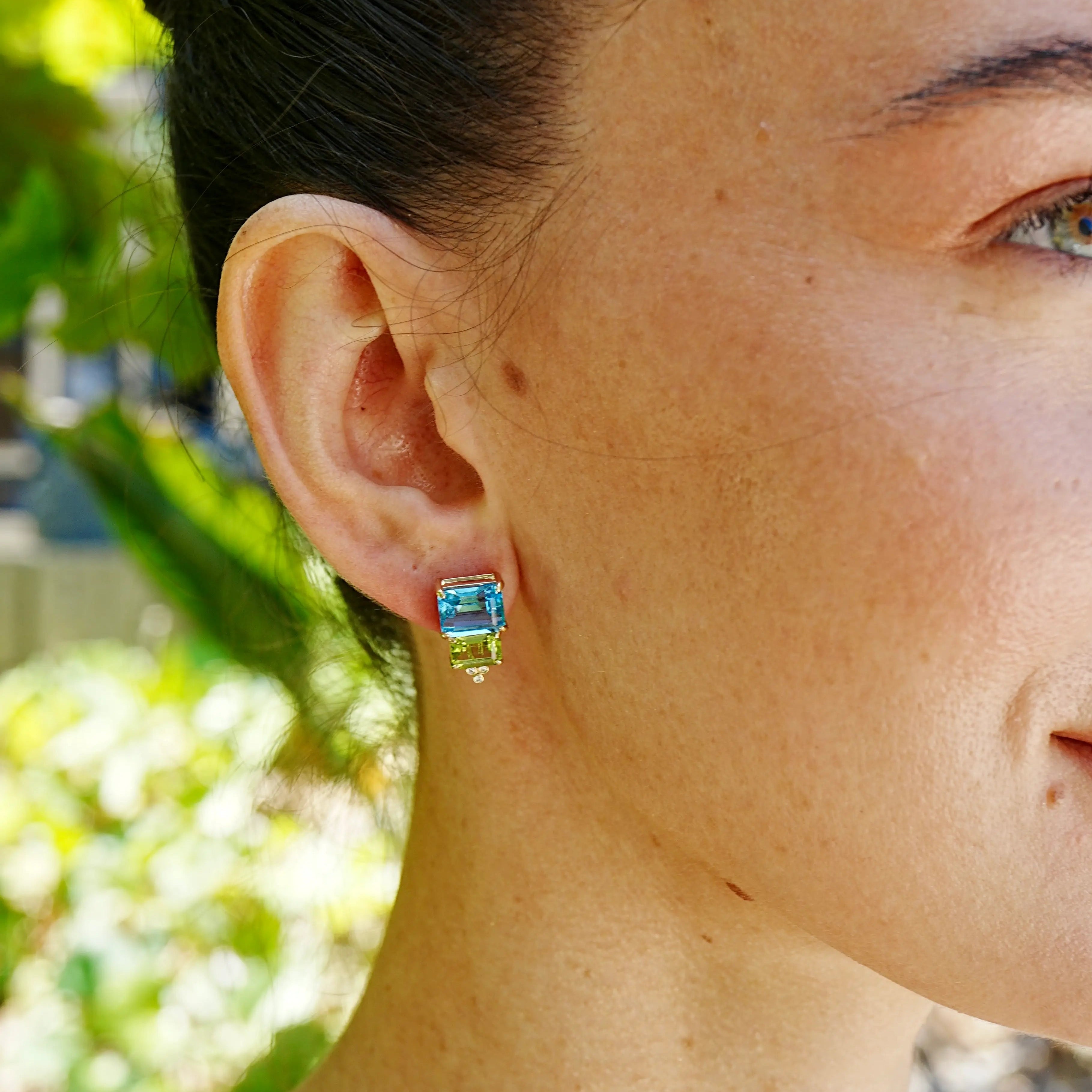 Fortune Natural Topaz Peridot Diamond Earrings 14k yellow gold